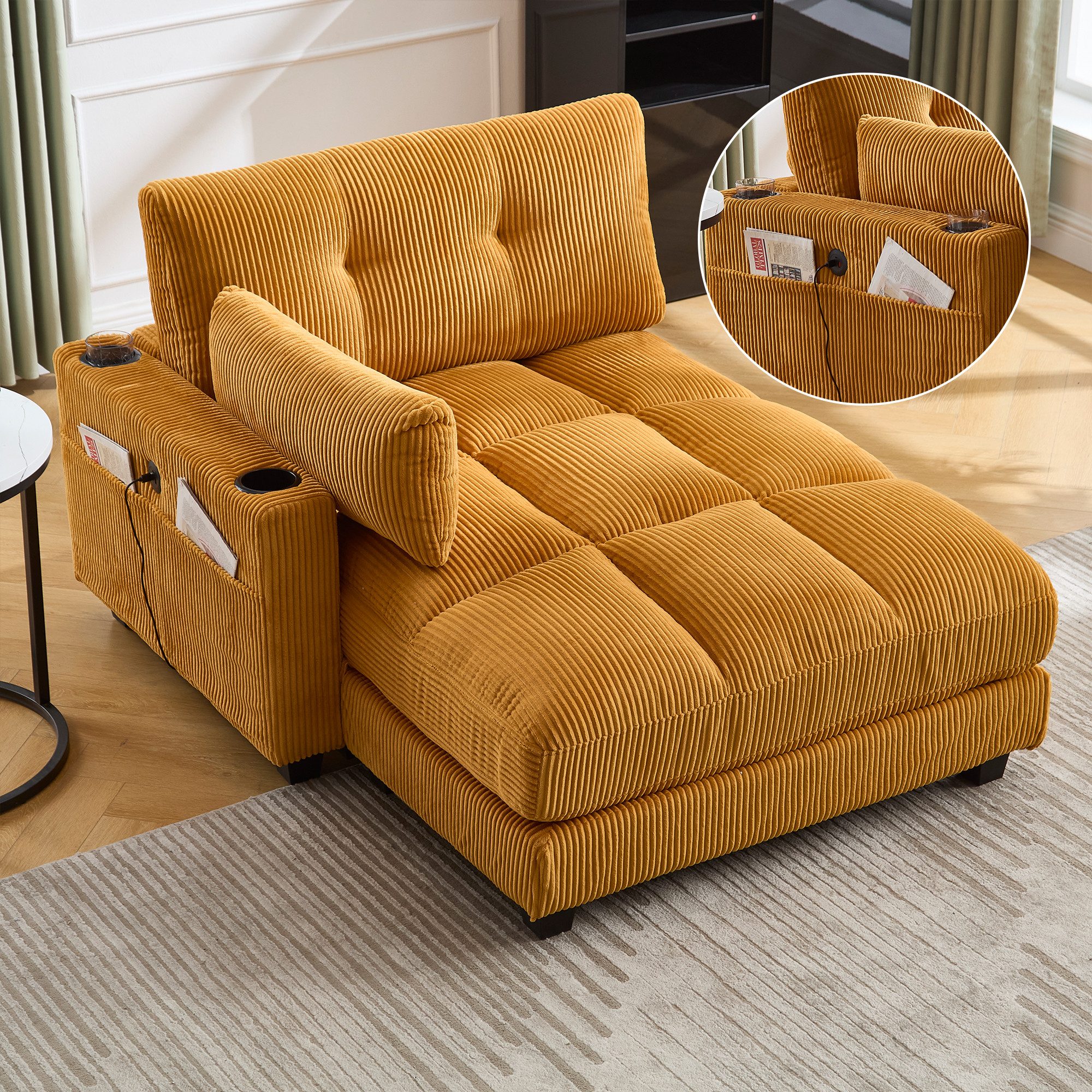 KLAM HOME Schlafsofa Ecksofa Palmensessel Relaxsofa Polstermöbel mit 2Becherhaltern&USB, mit eine Seitentaschen, Cordstoff, Sitzsack mit rollenden polstern, Perfekt für Wohnzimmer, Schlafzimmer, Jugendzimmer, Gästezimmer
