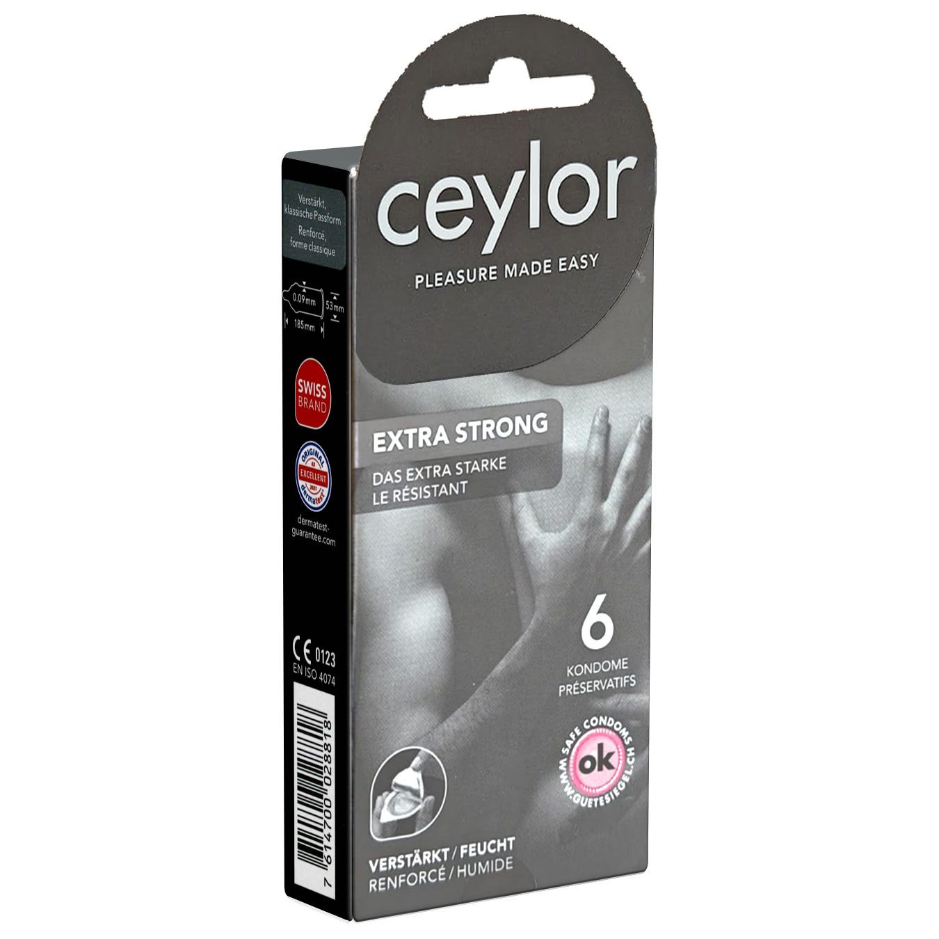 Ceylor Kondome Extra Strong (verstärkte Kondome) Packung mit, 6 St., extra starke Kondome, Premium-Qualität aus der Schweiz, im hygienischen "Dösli", einfach zu öffnen, schnelleres Überziehen