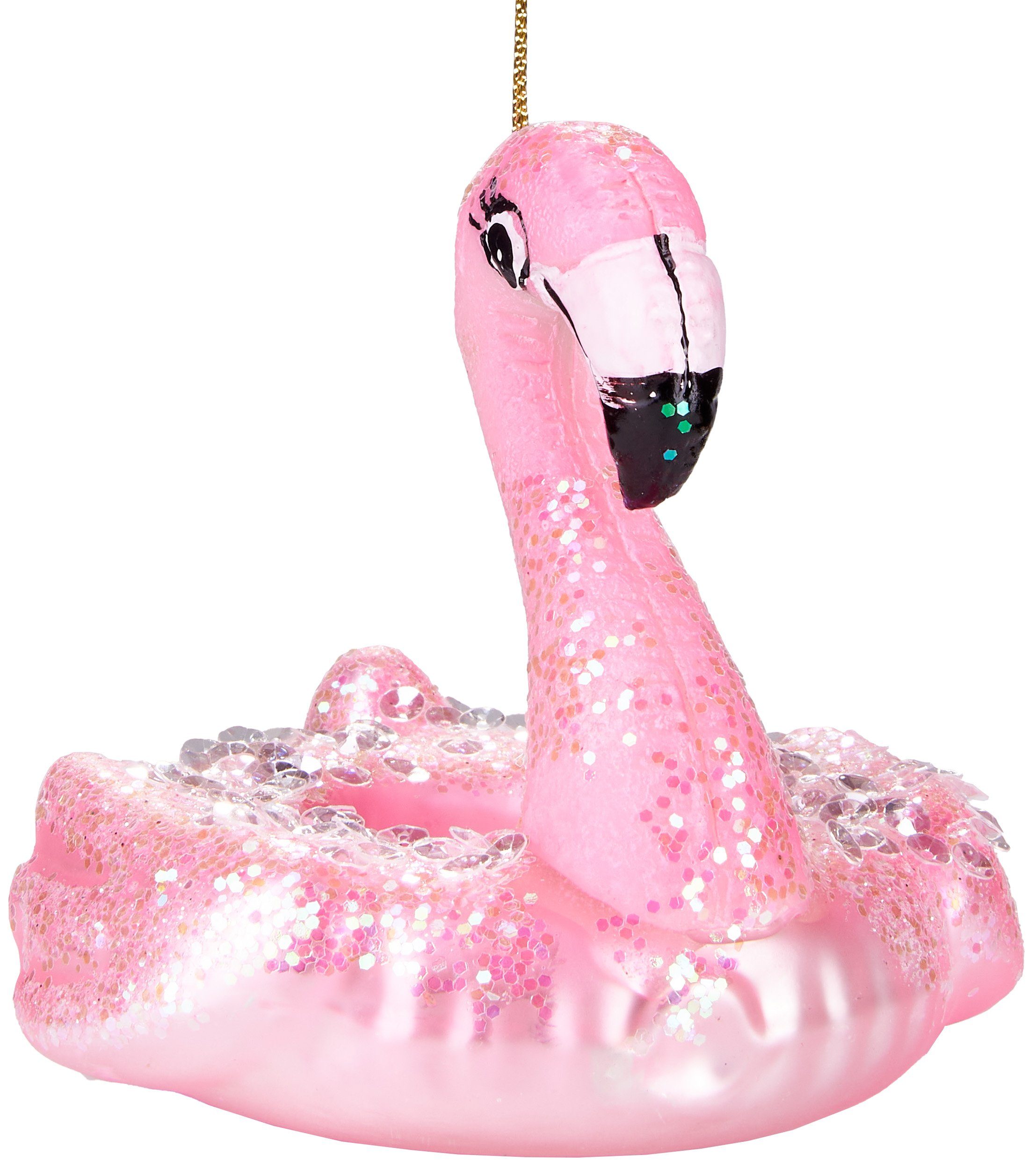 BRUBAKER Christbaumschmuck Handbemalte Weihnachtskugel Flamingo Schwimmring, eleganter Weihnachtsanhänger aus Glas, mundgeblasenes Unikat, lustige Baumkugel - 9 cm