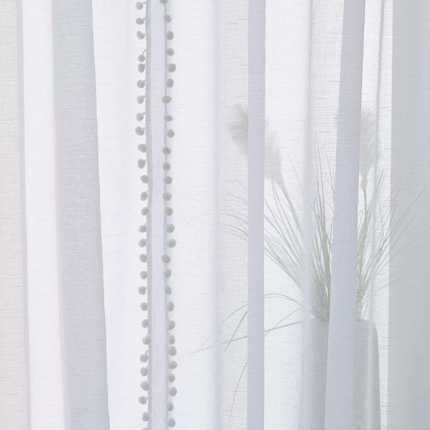 Transparente Voile-Vorhänge St), Bommelquasten mit Pompon Weißer halbtransparent, Gardine, (2 HOMEIDEAS, Stangendurchzug Polyester,