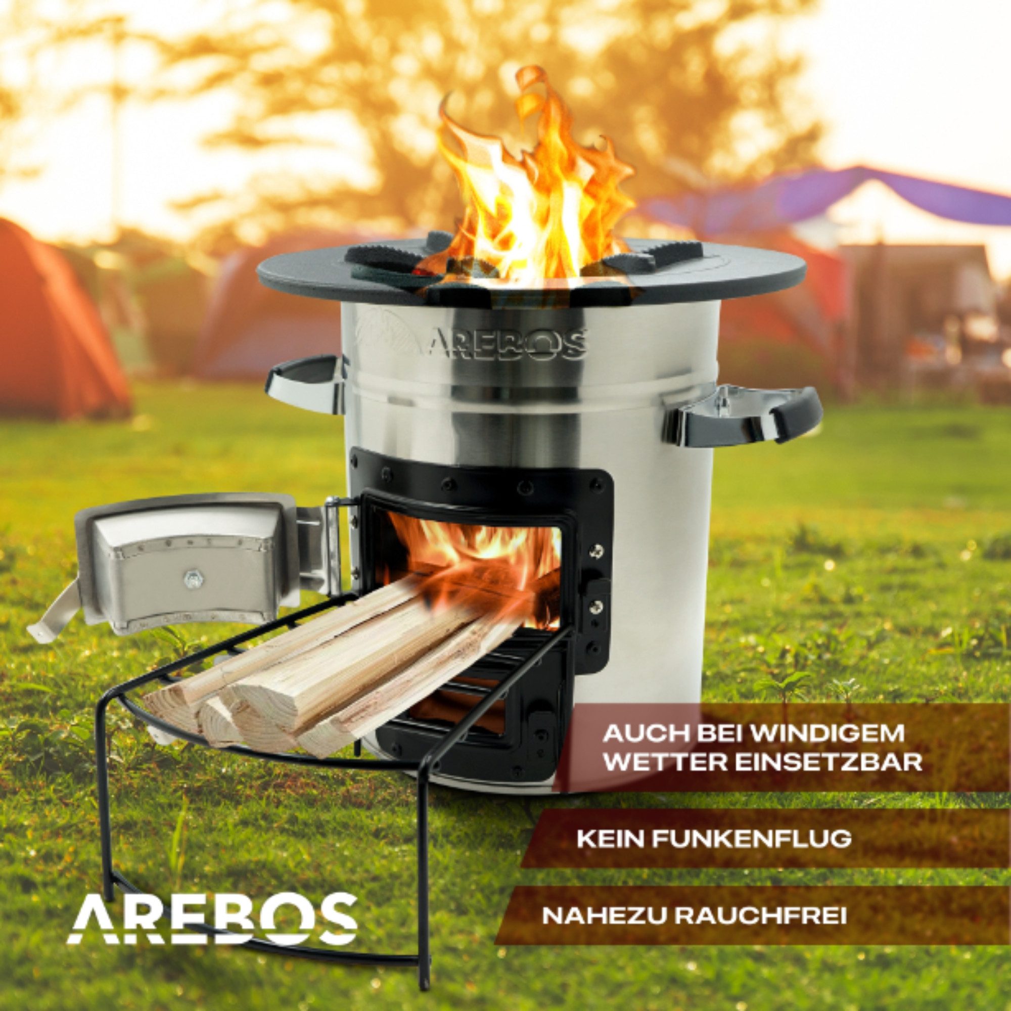 Arebos Fire Pit Rocket Stove incl. Grill Pan Dutch Oven BBQ, (Set), Incl. Carrying Bag, Protective Gloves, Cast Iron Pan & Firewood Rack