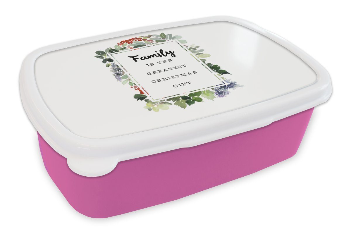 MuchoWow Lunchbox Pflanzen - Weihnachten - Zitat - Familie, Kunststoff, (2-tlg), Brotbox für Erwachsene, Brotdose Kinder, Snackbox, Mädchen, Kunststoff rosa
