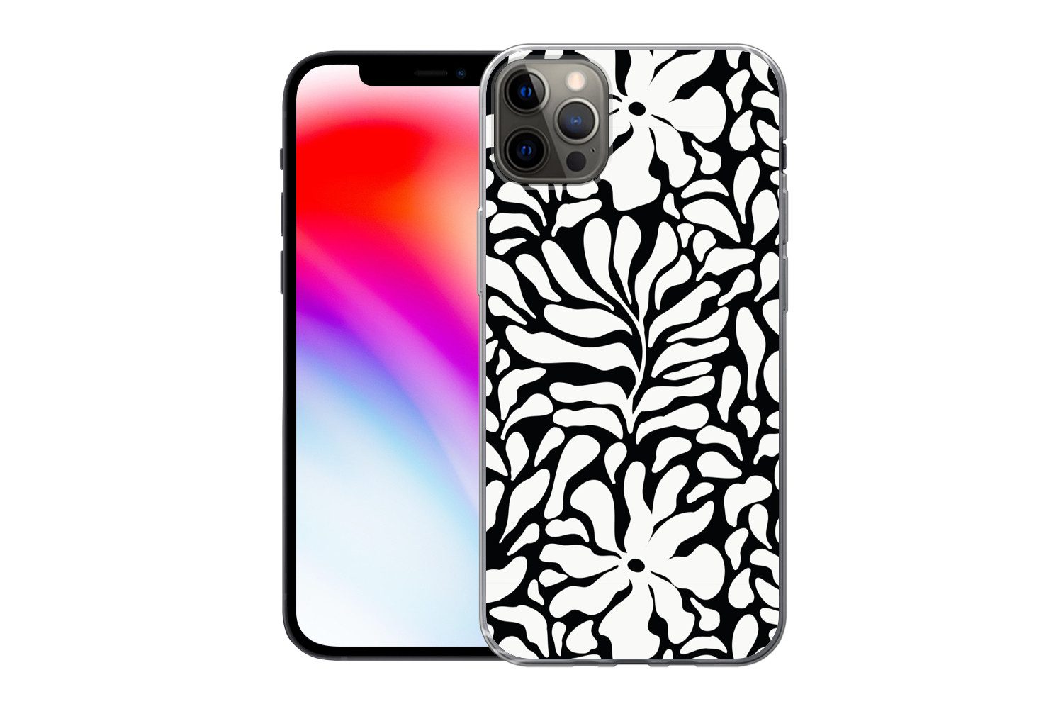 MuchoWow Handyhülle für Apple iPhone 13 Pro Max Blumendruck - Schwarz - Weiß - Blätter, Smartphone-Bumper, Print, Handy Schutzhülle Dünn