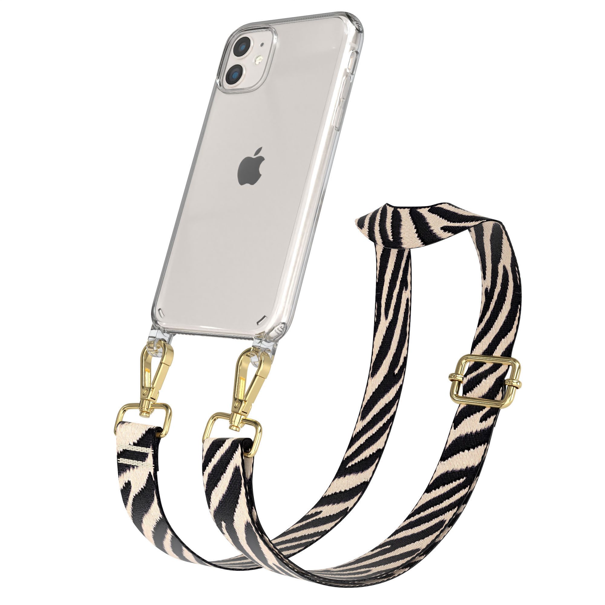 EAZY CASE Handykette Boho Umhängeband für Apple iPhone 11 6,1 Zoll, Kettenhülle abnehmbar Kordel Slim Clearcover Zebra-Style Schwarz Beige