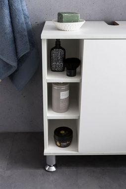 Wohnling Waschbeckenunterschrank WL5.752 (60 x 64 x 32 cm Weiß, Badschrank mit Tür) Unterschrank Waschbecken, Waschtischunterschrank
