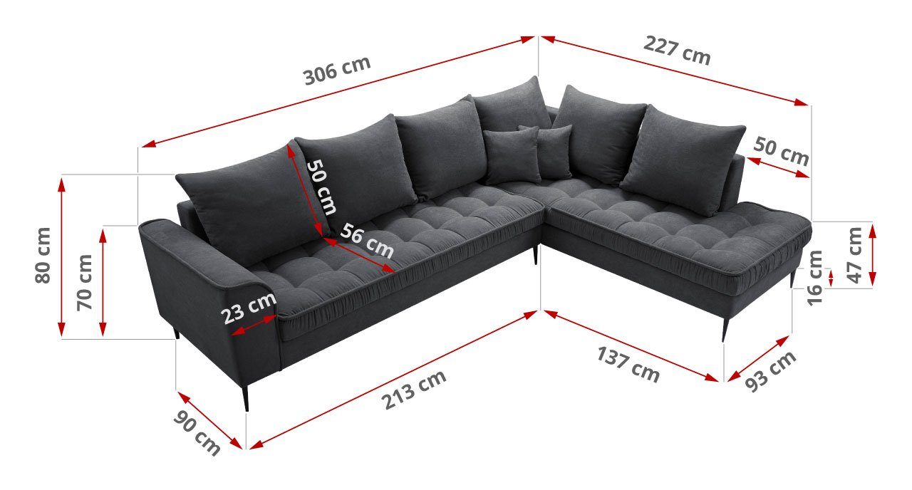 MKS MÖBEL Gemütlich VENA, Soro Schlafsofa Ecksofa - Couch L-Form Wohnlandschaft - Dunkelgrau