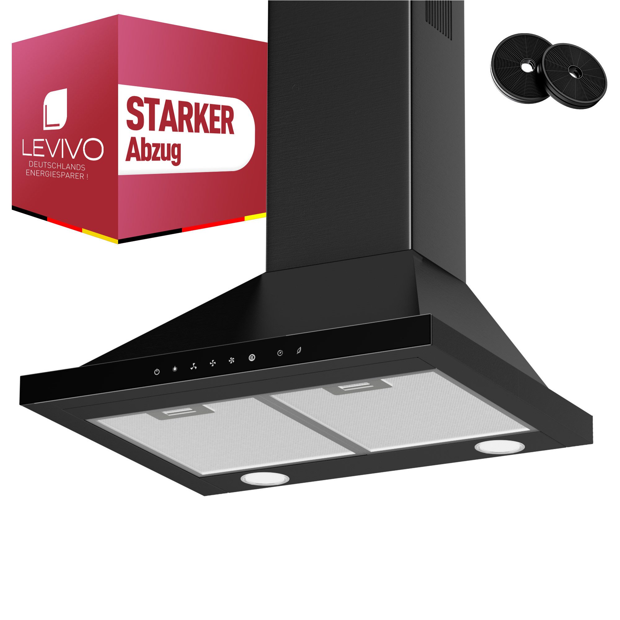 Levivo Wandhaube A+++ Dunstabzugshaube 60cm Umluft & Abluft mit 770 m³/h Aktivkohlefiltern, Fettfiltern, LED-Beleuchtung
