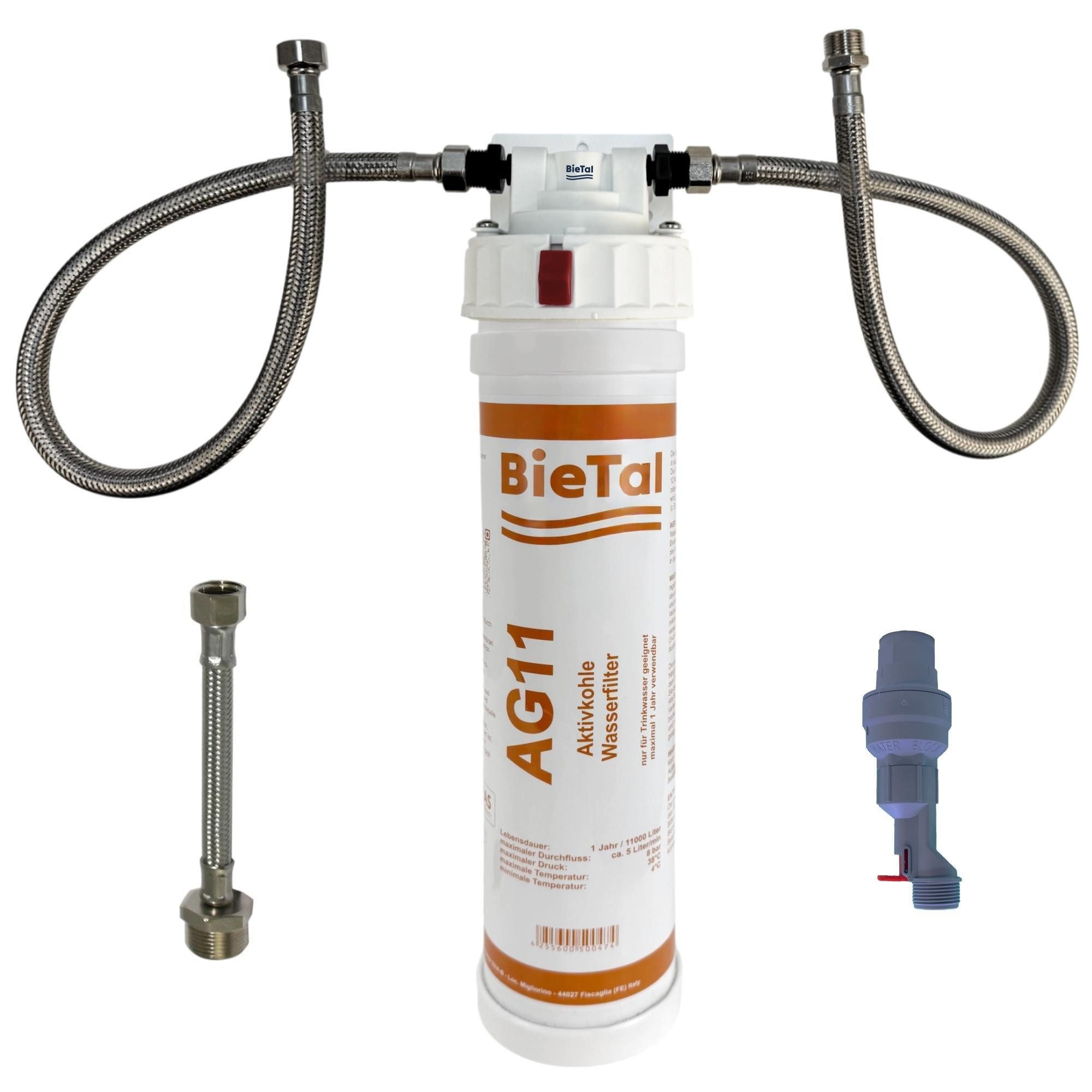 BieTal Wasserfilter BieTal® Untertisch Trinkwasser Filtersystem Aktivkohle Komplettset, Liefert gefiltertes Wasser über den normalen Wasserhahn.