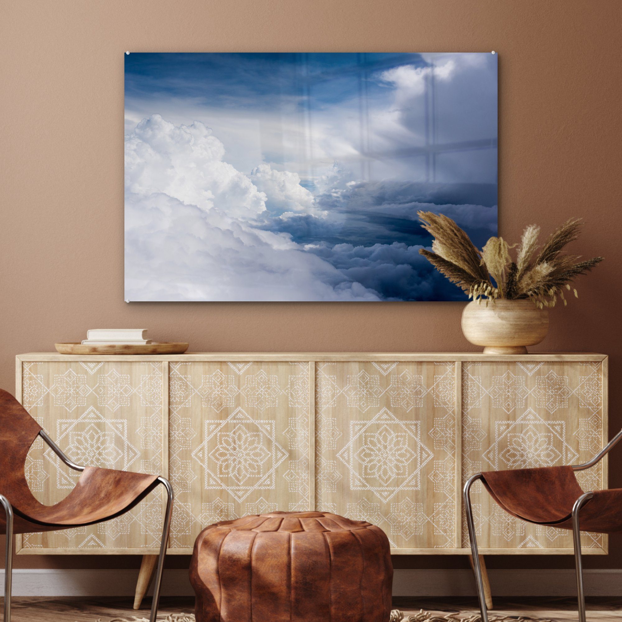Große einem Acrylglasbilder Wohnzimmer Himmel, an MuchoWow & dunkelblauen St), (1 Wolken weiße Acrylglasbild Schlafzimmer