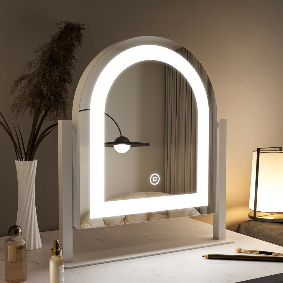 WDWRITTI Schminkspiegel mit Beleuchtung für tisch Kosmetikspiegel 3Lichtfarben Dimmbar Touch (Tischspiegel Rund Rundbogen Rechteckig, mit Touch, LED), HD Kupfer- und bleifreier Spiegel, Stabile Standfuß