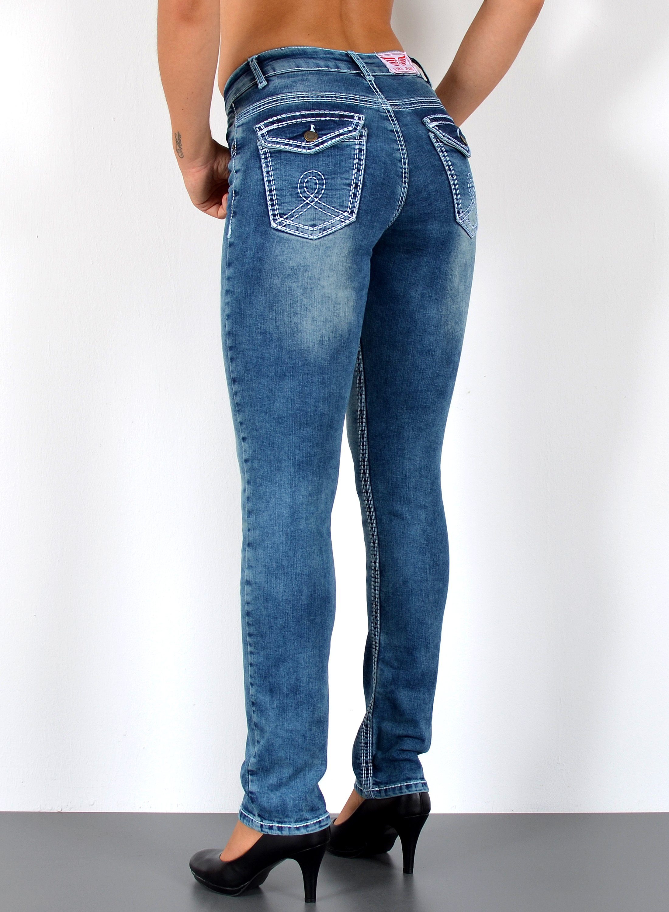 ESRA Straight-Jeans High Waist Straight Fit Jeans Damen Stretch Hose mit dicker Naht G11 High Waist Damen Jeanshose Straight Leg mit dicker Naht bis Übergröße