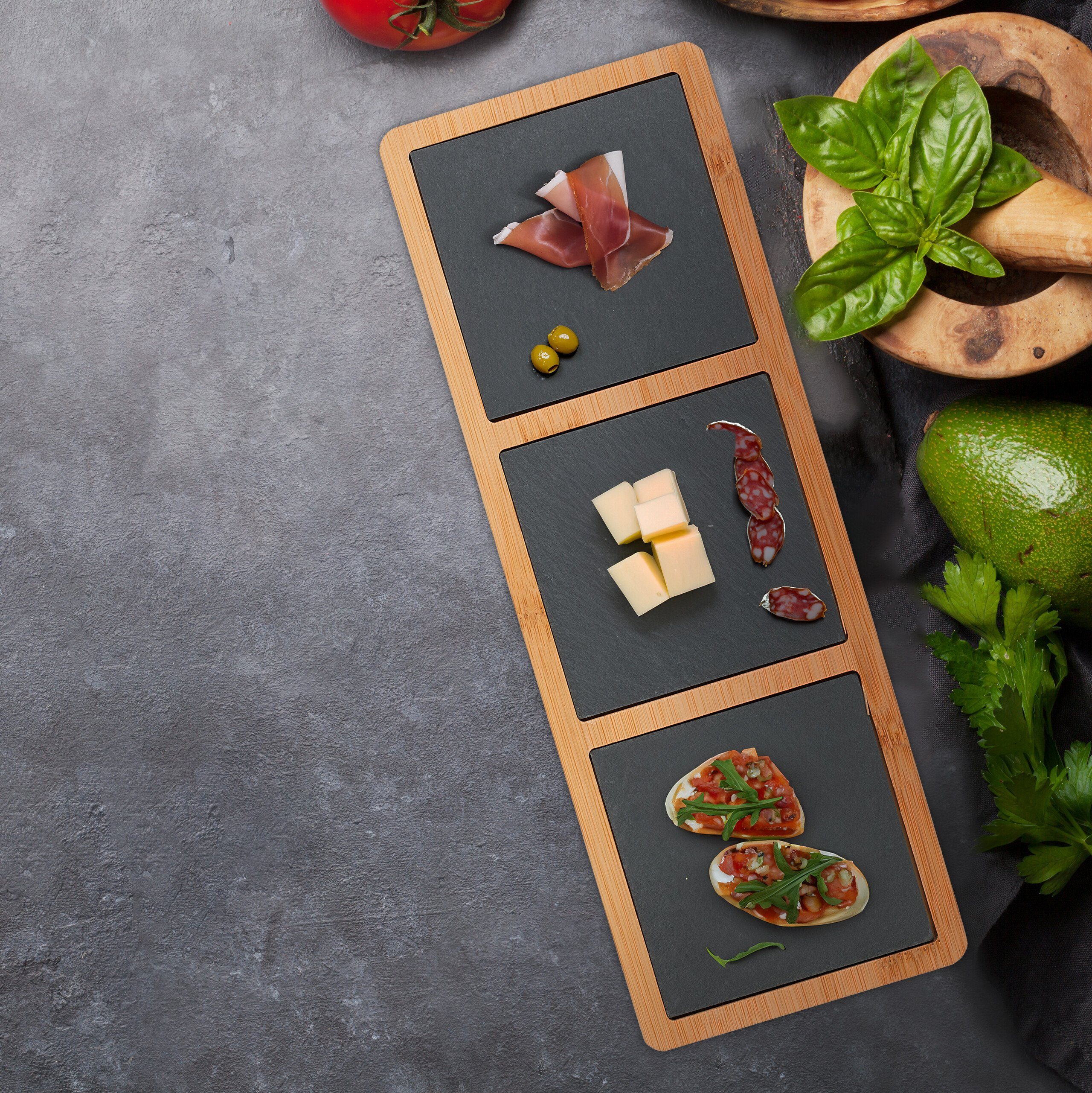 relaxdays Servierplatte Servierbrett mit Schieferplatten, Bambus