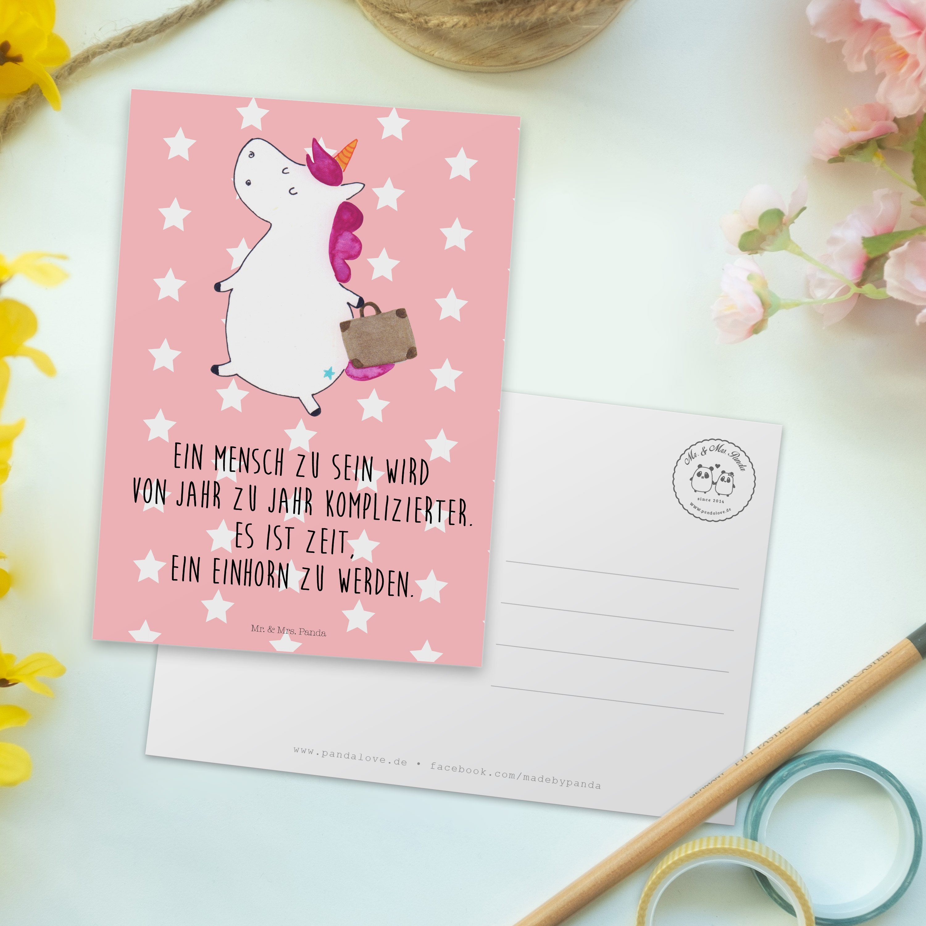 Pastell Geschenk, Panda Grußkarte, Mrs. Unicorn, & Rot - Mr. Verreise Postkarte Einhorn - Koffer