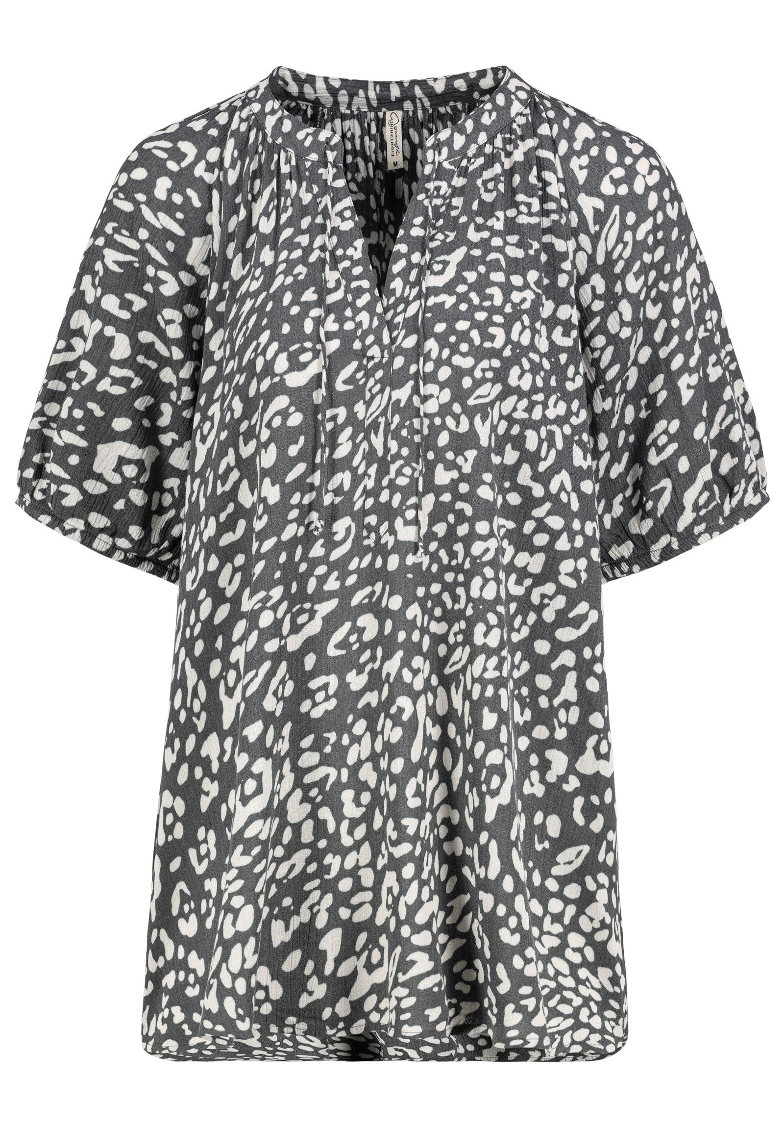 Eight2Nine Blusenshirt Sommerliche Viskose Bluse mit Tunnelzug für Damen Regular Fit V-Ausschnitt Kurzarm bedruckt atmungsaktiv