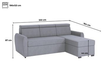 MOEBLO Ecksofa CANBERRA I, Couch für Wohnzimmer, Schlafsofa Sofagarnitur Sofa Eckcouch L-Form Wohnlandschaft, Verstellbaren Kopfstützen - (BxHxT): 220x87x164 cm, mit Schlaffunktion und Bettkasten