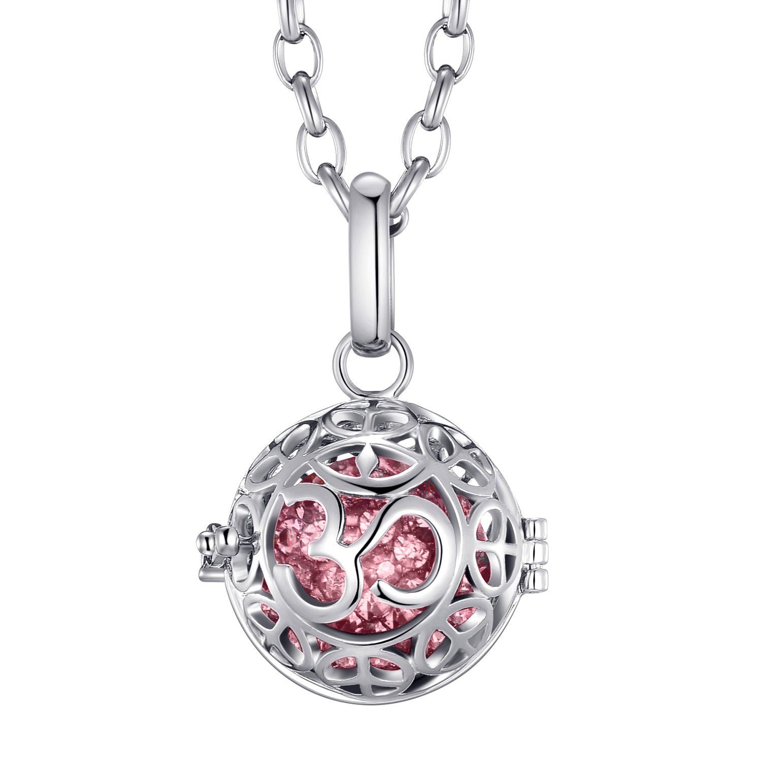 Morella Kette mit Anhänger Engel Halskette 70 cm mit Anhänger (2-tlg., Kette inkl. Klangkugel und Samtbeutel), Silberne Kette, Om Symbol, austauschbare Klangkugel, im Samtbeutel