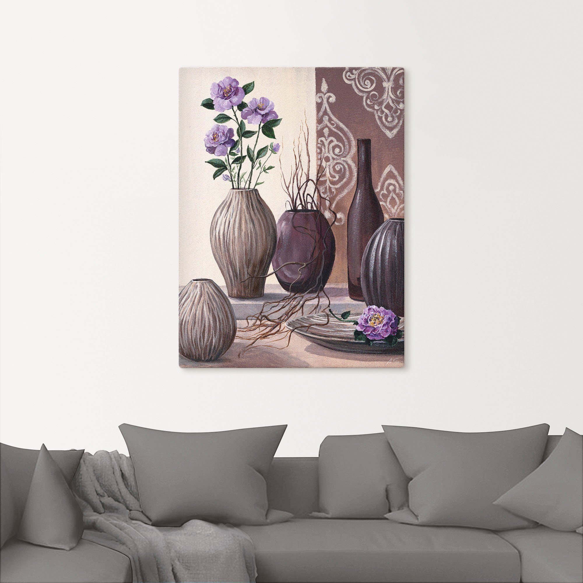 Artland Leinwandbild Violette Rosen und braune Vasen, Vasen & Töpfe (1 St), auf Holzrahmen gespannt
