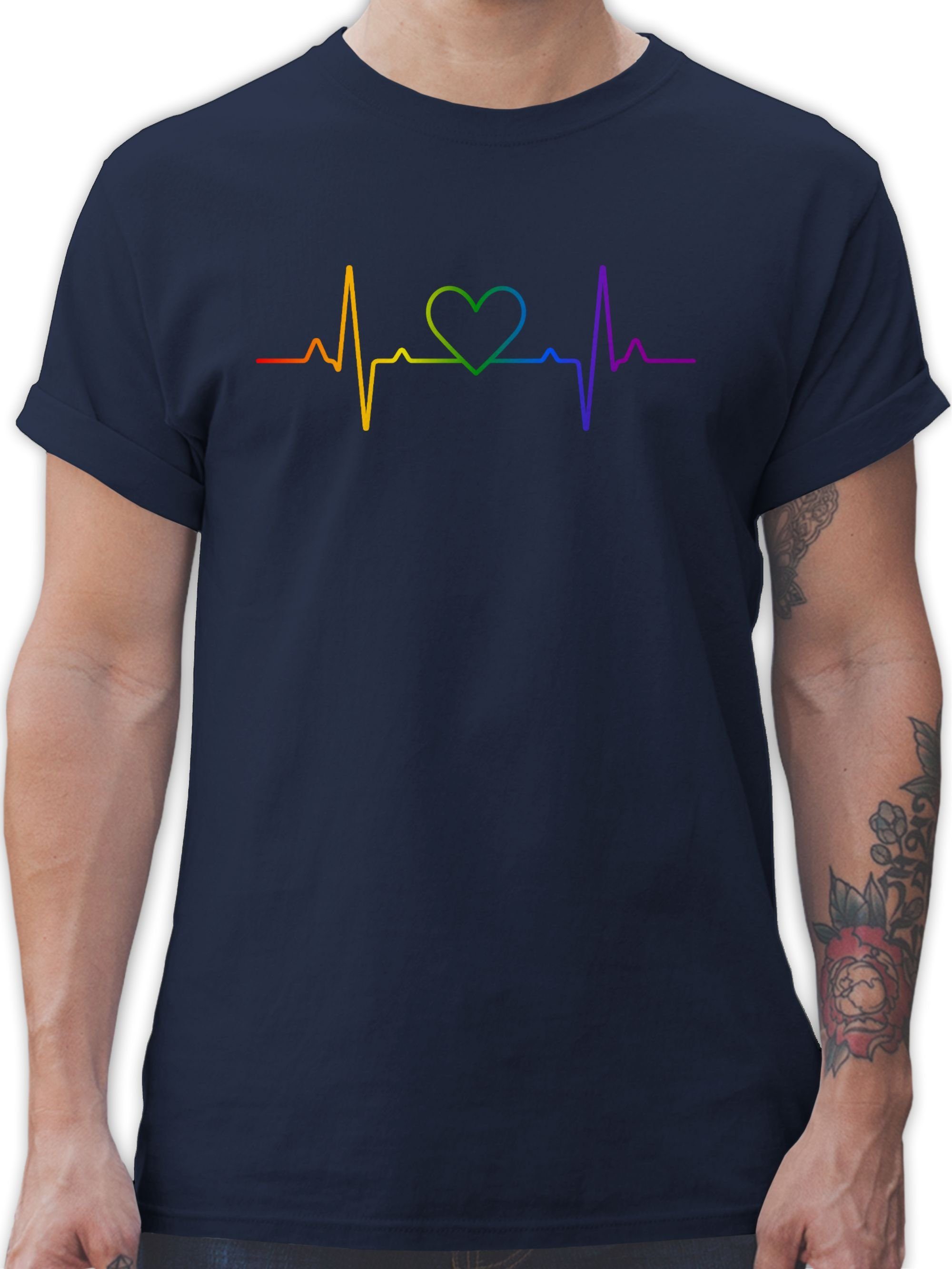 Shirtracer T-Shirt Herzschlag Regenbogen Pride LGBT Kleidung 03 Navy Blau