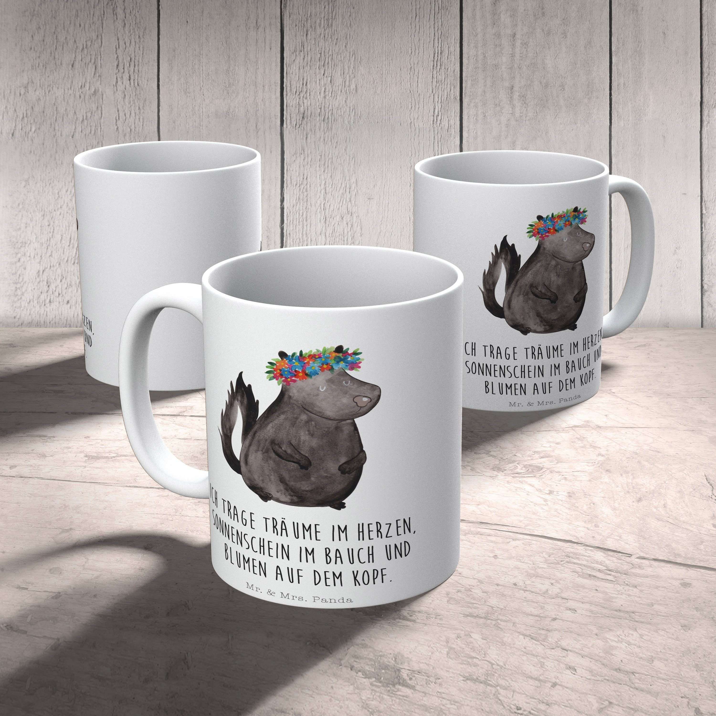 & Keramik Mrs. Panda - Kaffeebecher, Blumenmaedchen Geschenk, Motiv, Weiß Stinktier - Tasse Mr. Tasse