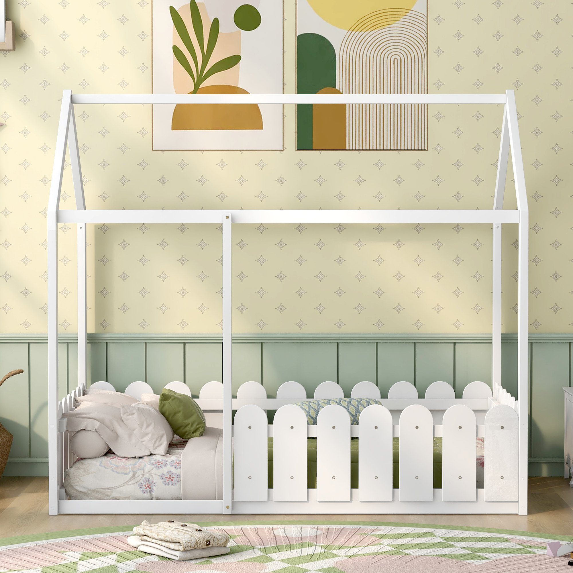 WISHDOR Kinderbett Kinderhaus Bett WeißB 80x160 (nur Jugendbett Bett Kinder Holzbett mit Massivholzbett Rausfallschutz), Matratze ohne Hausbett