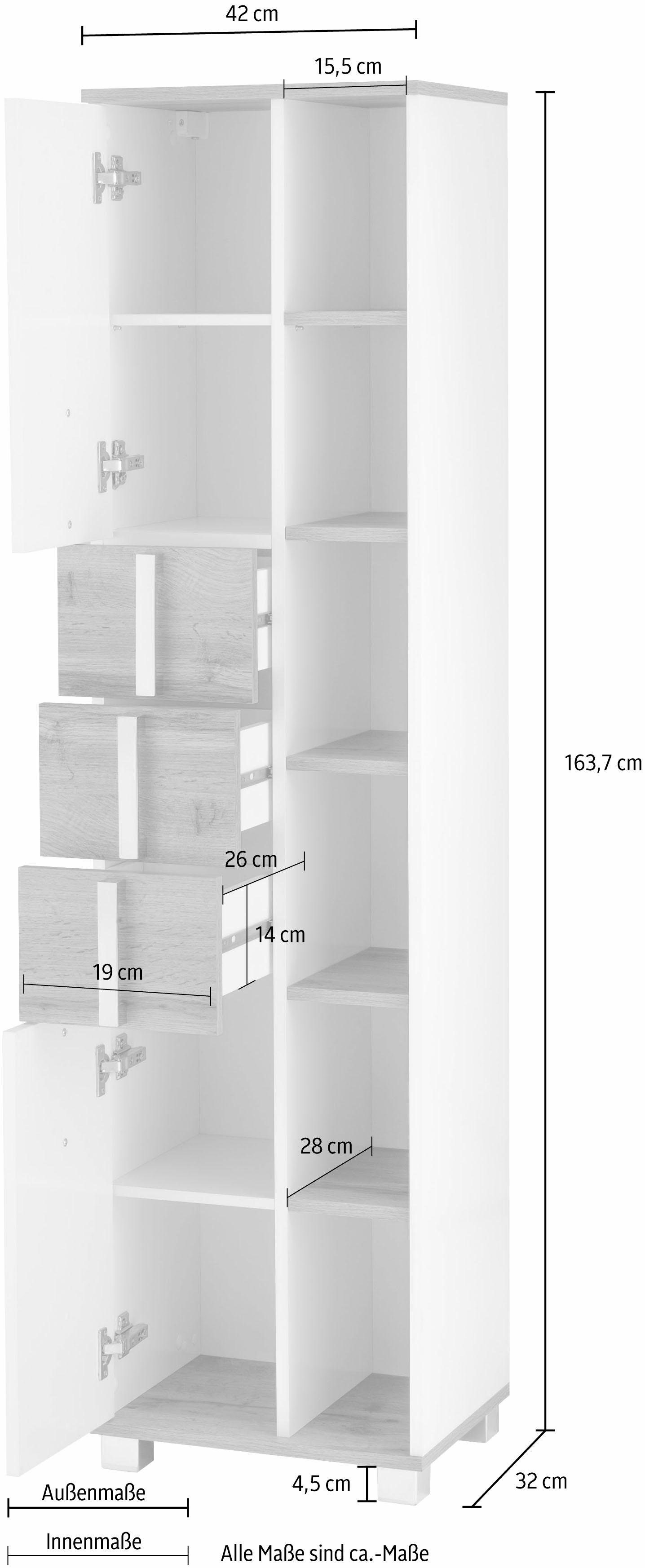 Höhe wotaneiche Kampen glanz / offene glanz Regalfächer Stauraum weiß durch cm, Hochschrank / wotaneiche Metallgriffen, Schildmeyer weiß | mit 163,7