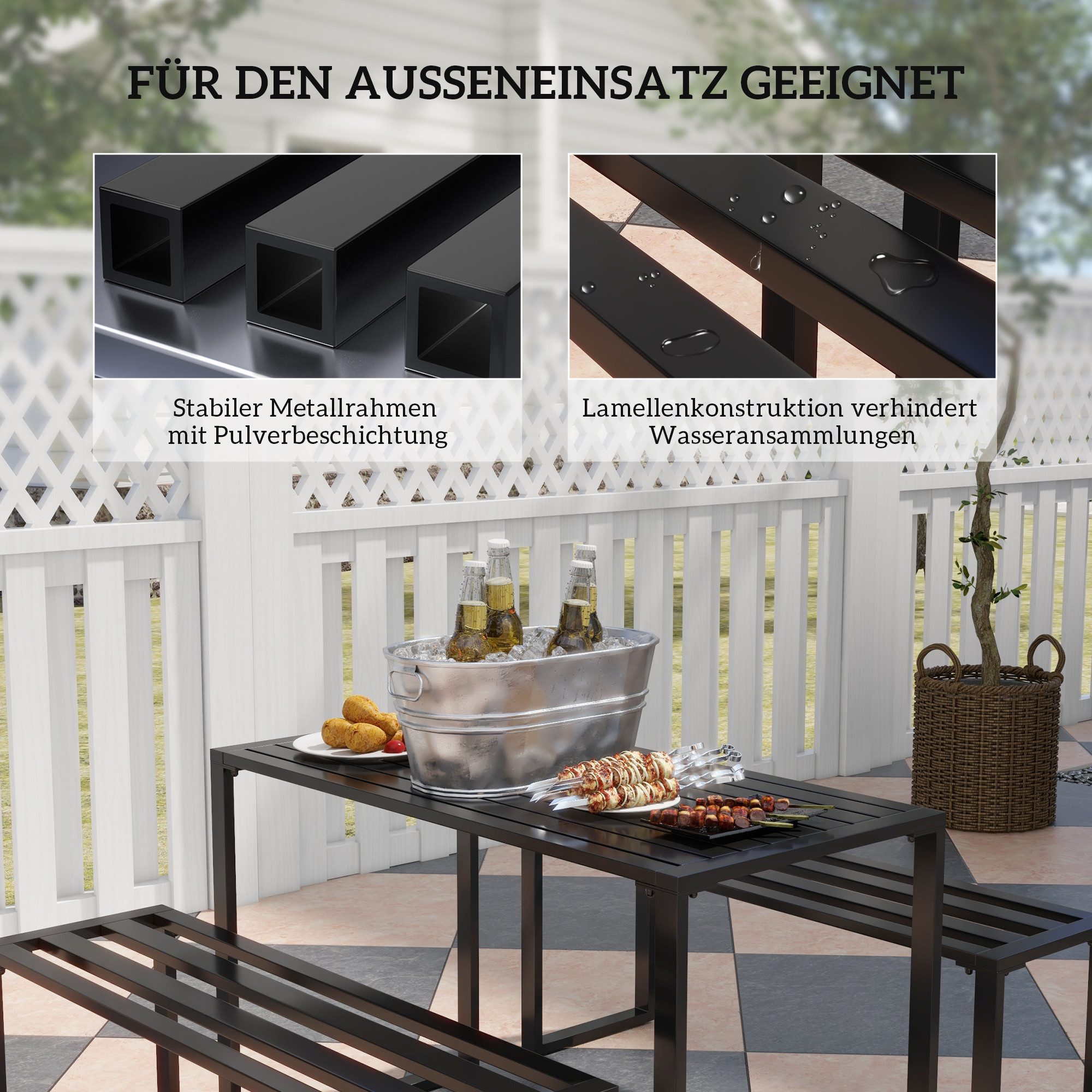 CHICFURN Sitzgruppe Outdoor Möbelset 3-tlg. aus Metall in Schwarz, (Packung, 3-tlg., Mit Tisch und 2 Sitzbänken), Tischmaß 110 x 55 x 70 cm, für Terrasse und Garten