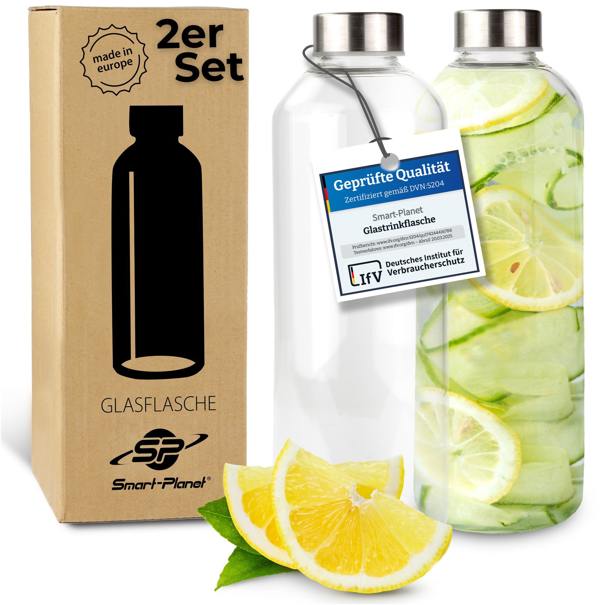 Smart-Planet Trinkflasche Trinkflasche 2er Set Glastrinkflasche 1 Liter mit Metalldeckel, Borosilikatglas mit Metalldeckel