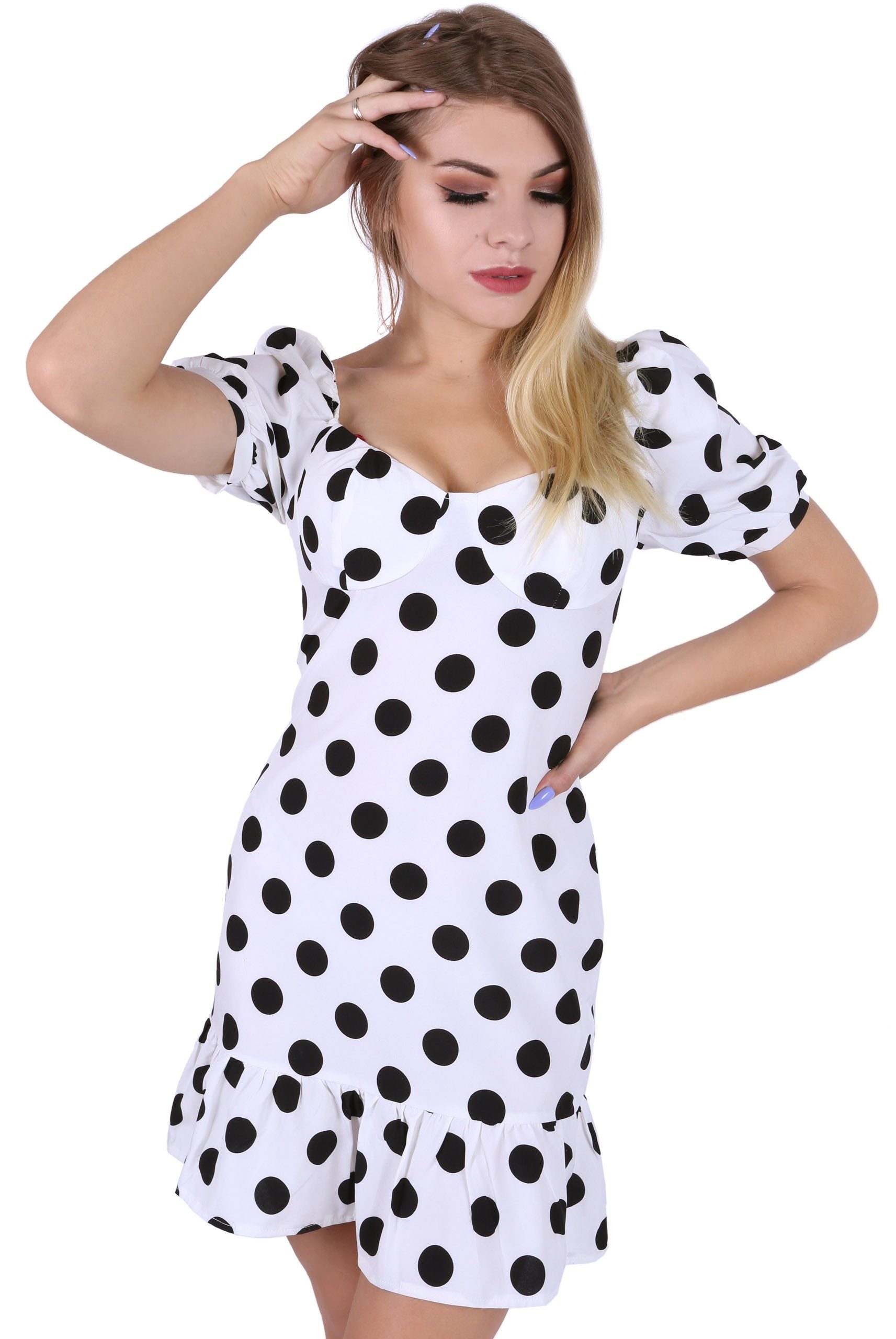 Sarcia.eu Minikleid Weißes, kurzes Kleid getupft, mit Rüsche Parisian M