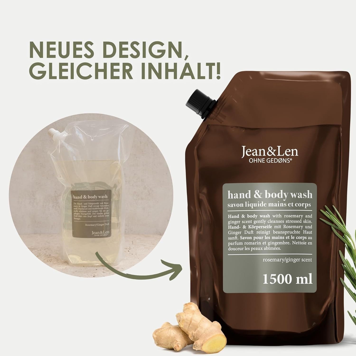 Jean & Len ohne Gedons* Handseife Hand & Body Wash Rosemary und Ginger im Nachfüllbeutel, 1,5 L, 1-tlg.