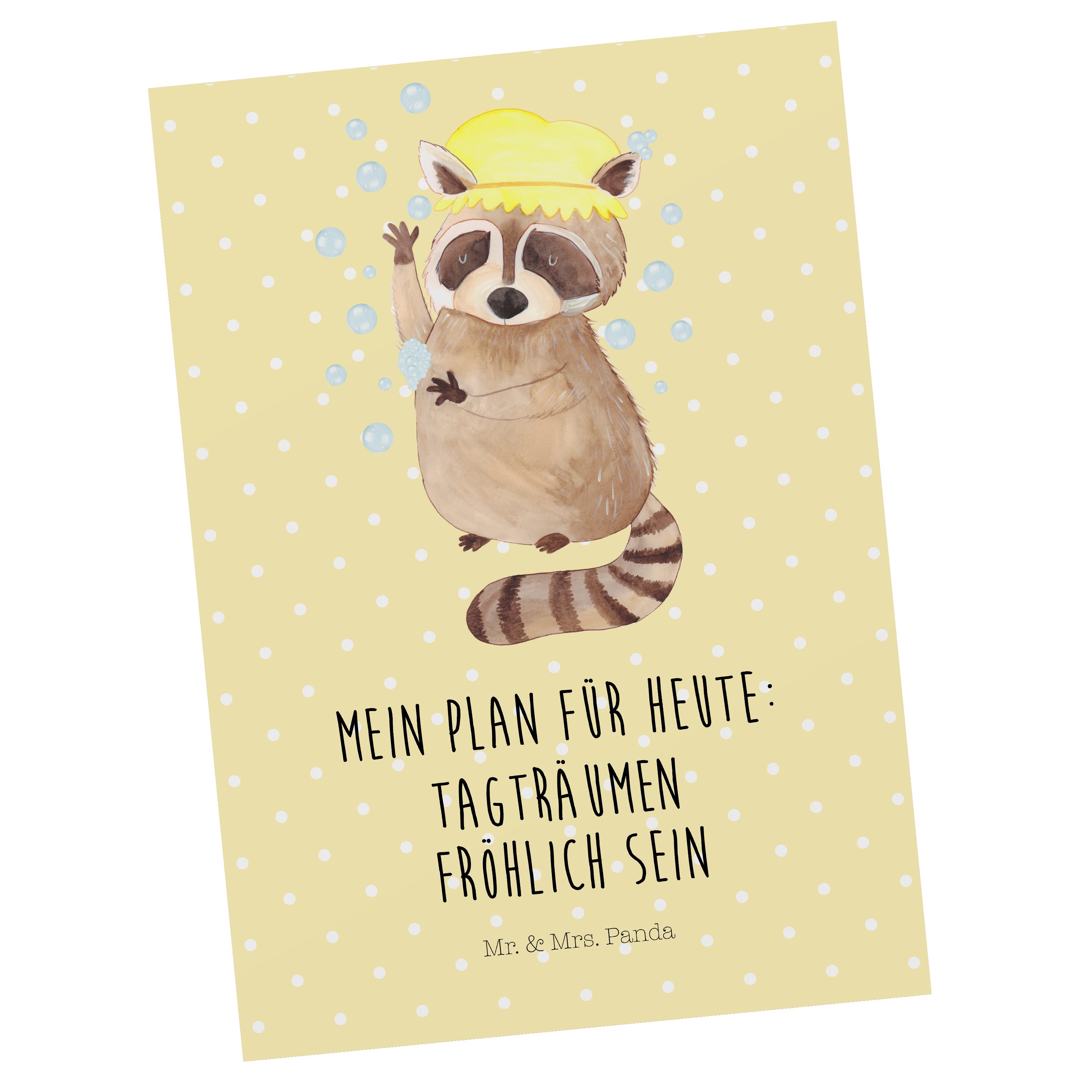 Mr. & Mrs. Panda Postkarte Waschbär - Gelb Pastell - Geschenk, Gute Laune, Geschenkkarte, Tagträ | Grußkarten