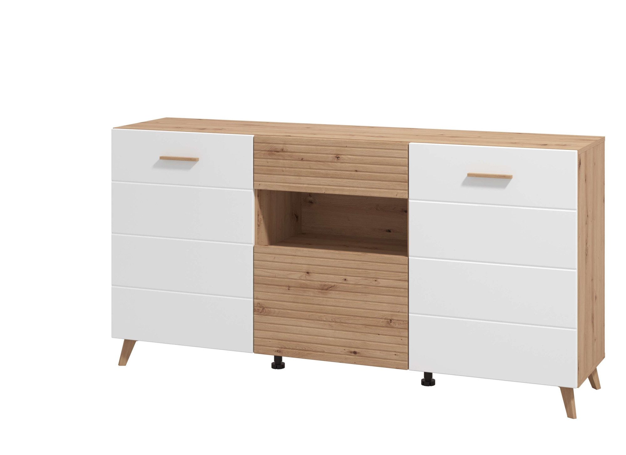 Home affaire Kommode Bretagna Sideboard, Schubladenschrank, Breite 173 cm, viel Stauraum, mit Holzgriffen, mit drei Regalen, in Artisan Eiche