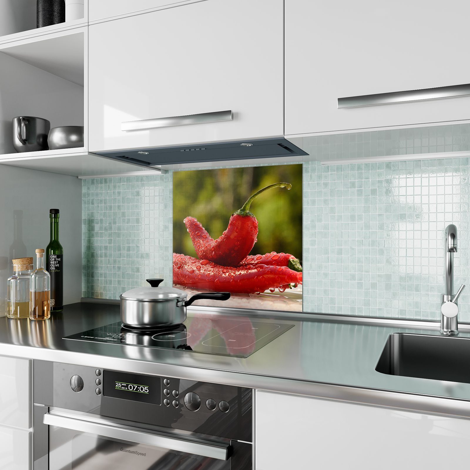 Küchenrückwand Tropfen mit Chilischoten Motiv mit Spritzschutz Glas Küchenrückwand Primedeco