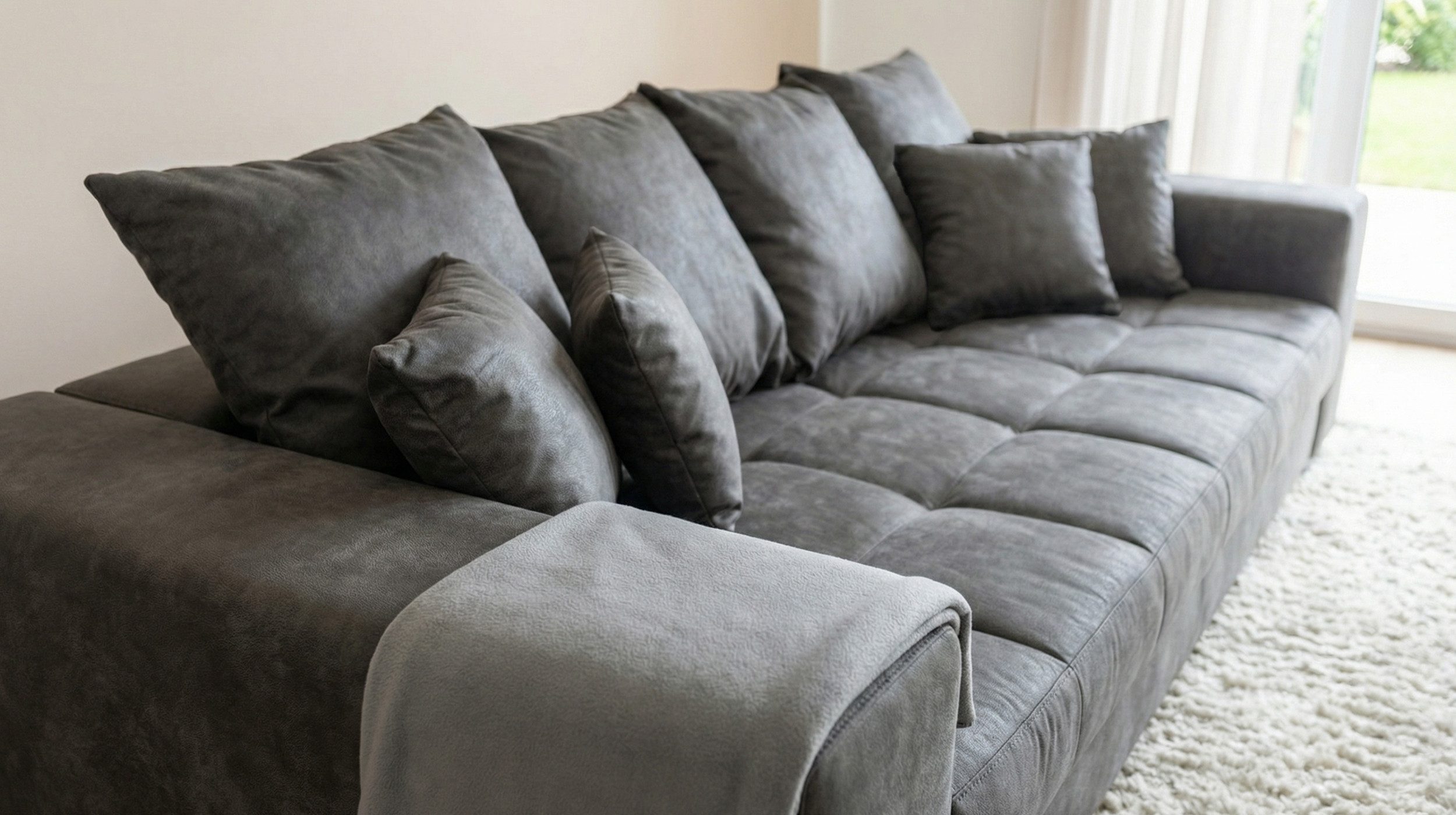 Massivart® Big-Sofa Big-Sofa Vintage Stoff grau 254 cm / Nosagfederung / 4-Sitzer / BORNEO, Rücken echt / inklusive 4 Kissen