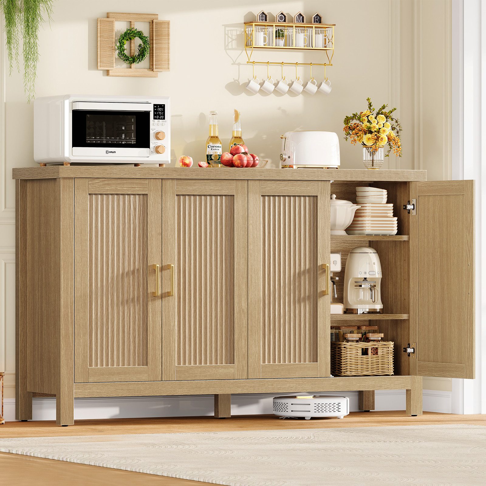 TEENFON Sideboard 140 cm breites Sideboard (mit gestreiften Türen und goldenen Griffen) (1 St)