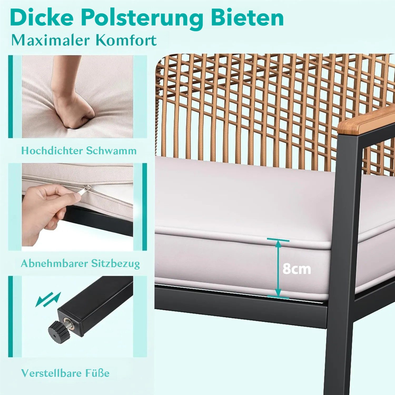 TLGREEN Gartenbank Rattan,2-Sitzer Gartenstuhl Polyrattan,Sitzbank Outdoor, (Gartenmöbel mit 8 cm dicken Sitzkissen, WPC Armrest), für Terrasse, Garten, Veranda – Bild 5 von 5