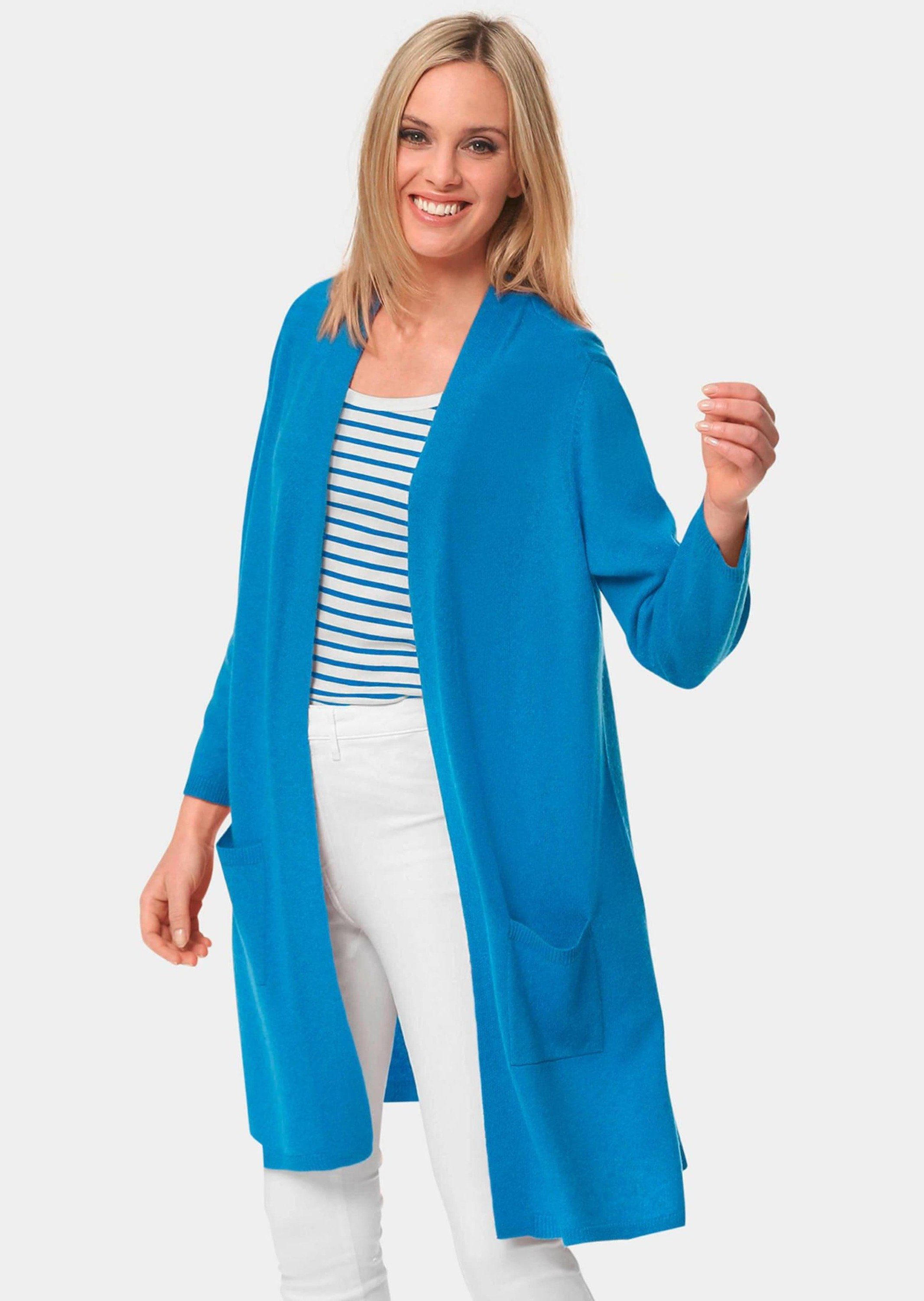 GOLDNER atlantikblau Kurzgröße: Modische Kaschmir-Longstrickjacke Strickjacke