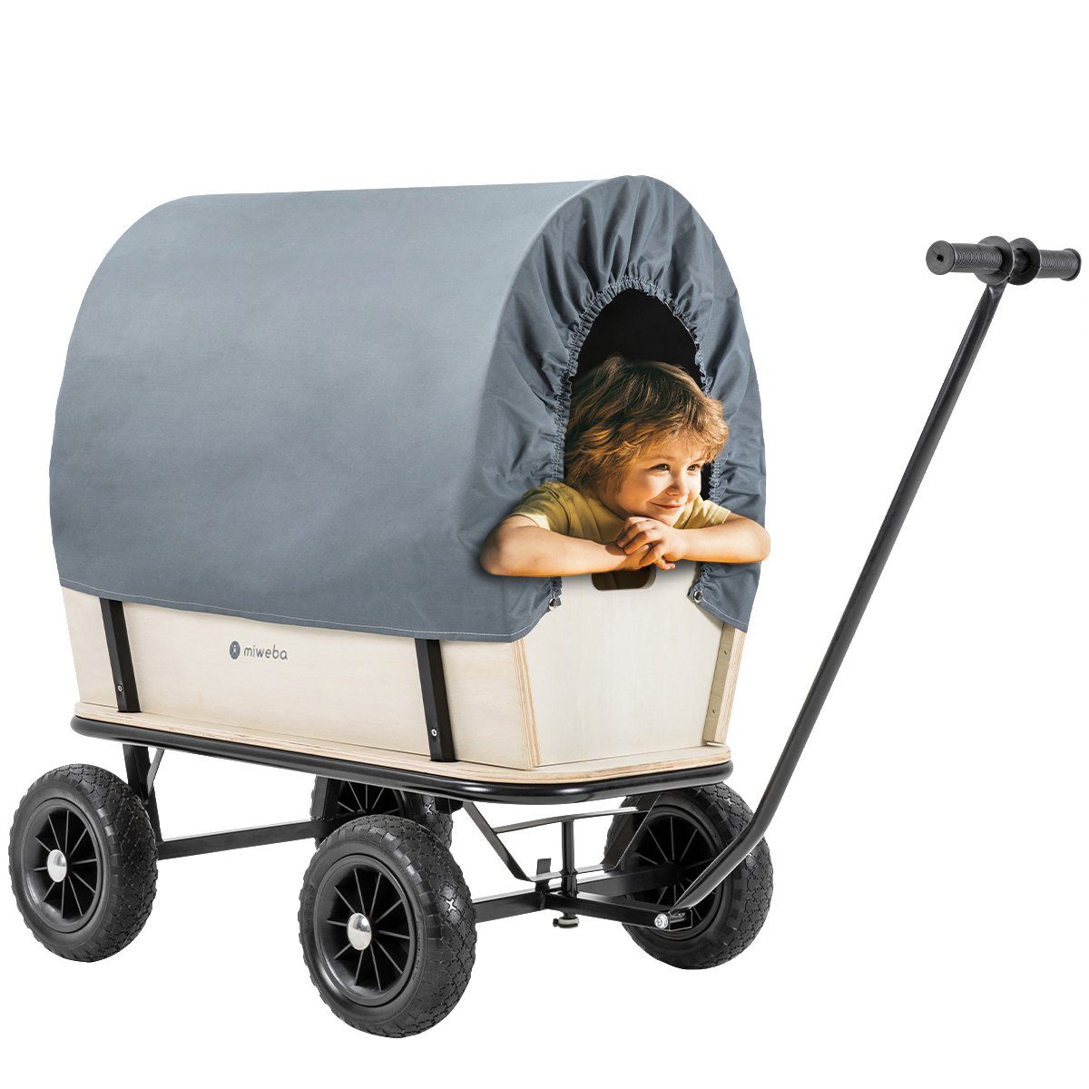 miweba Тележки Holz-Bollerwagen Canvas - abnehmbares Dach UPF 40 - 180 Kg Traglast (Bollerwagen bis 180 kg, Тележки aus Holz, 2-tlg., 75 Liter Fassungsvermögen - abnehmbare Bordwände - Profilreifen), Transportkarre Handwagen Transportwagen Gartenwagen - Кулон