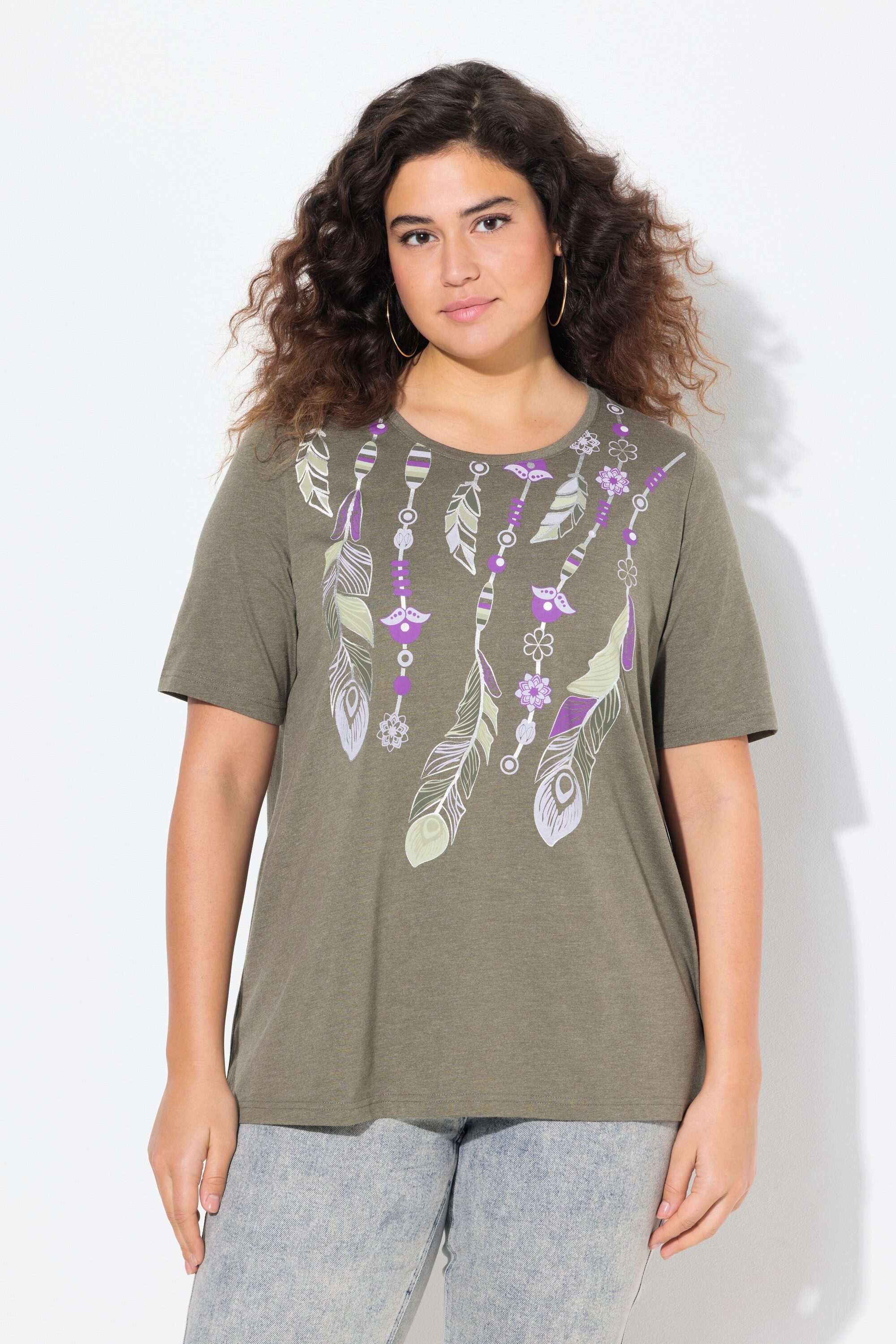 Ulla Popken T-Shirt T-Shirt Federn A-Linie günstig online kaufen