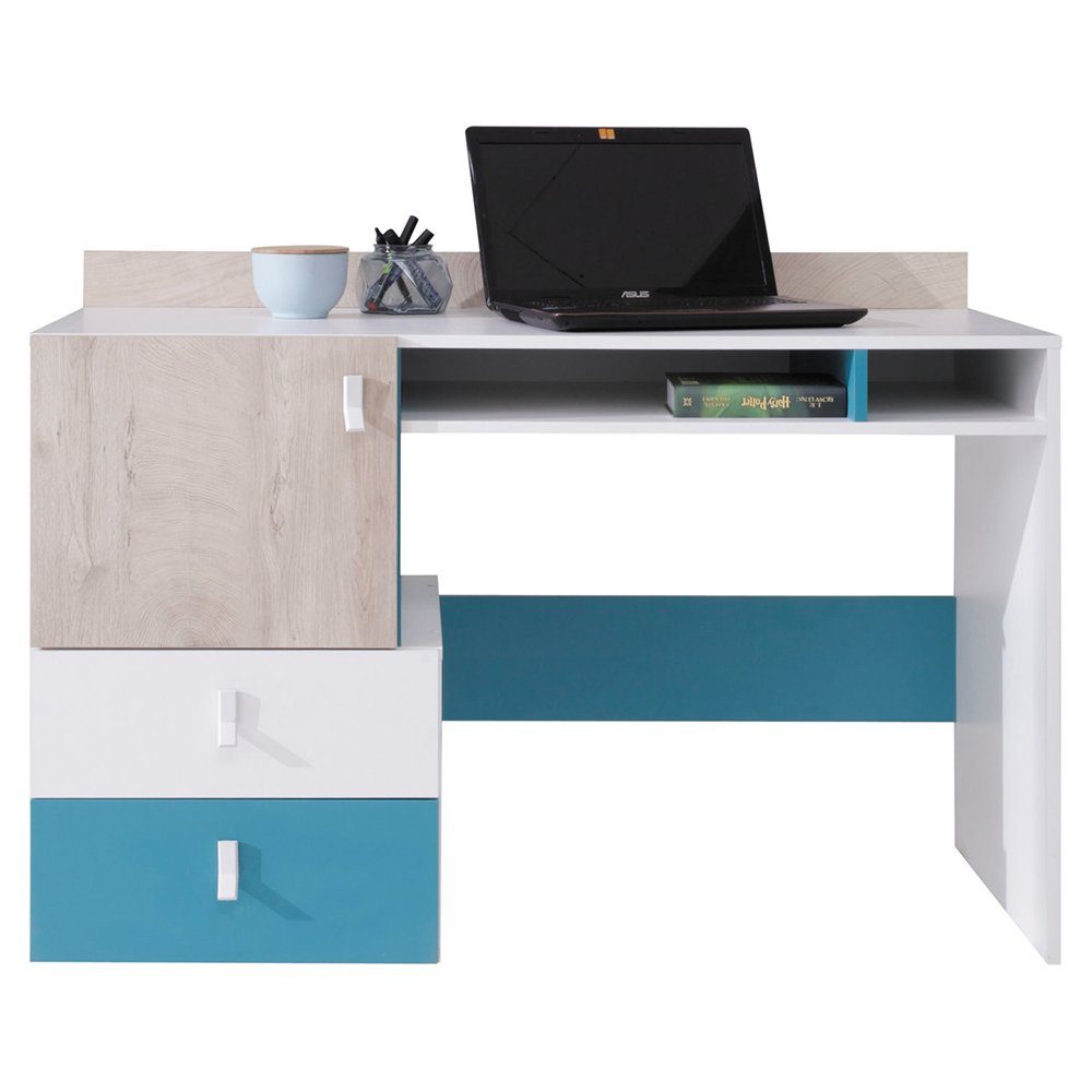 Lomadox Schreibtisch PITTSBURGH-133, mit Aufsatzregal, weiß/Eiche/blau günstig online kaufen