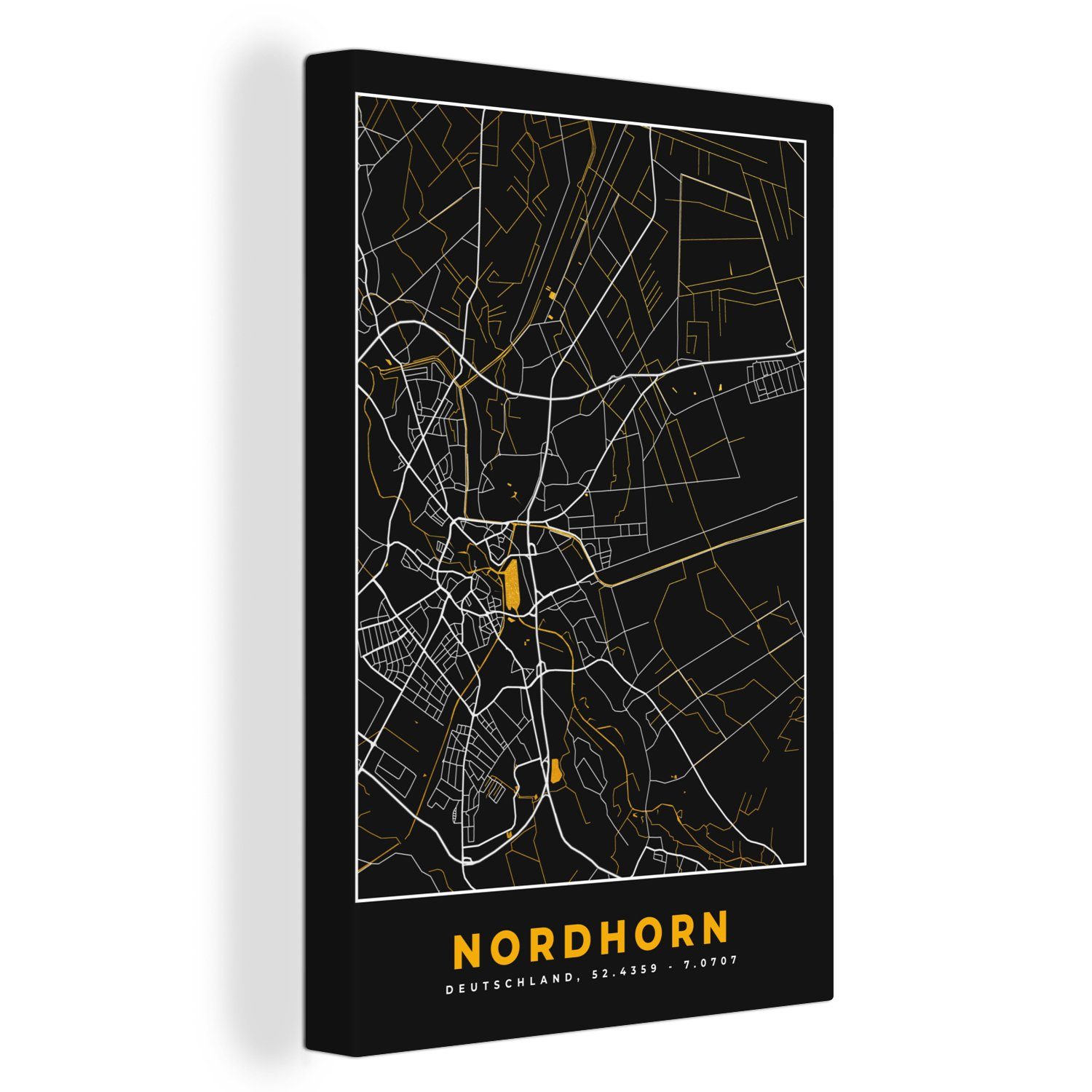 (1 Gold Deutschland, Nordhorn Karte - cm - bespannt fertig Leinwandbild Stadtplan OneMillionCanvasses® Leinwandbild St), inkl. 20x30 Zackenaufhänger, Gemälde, - -