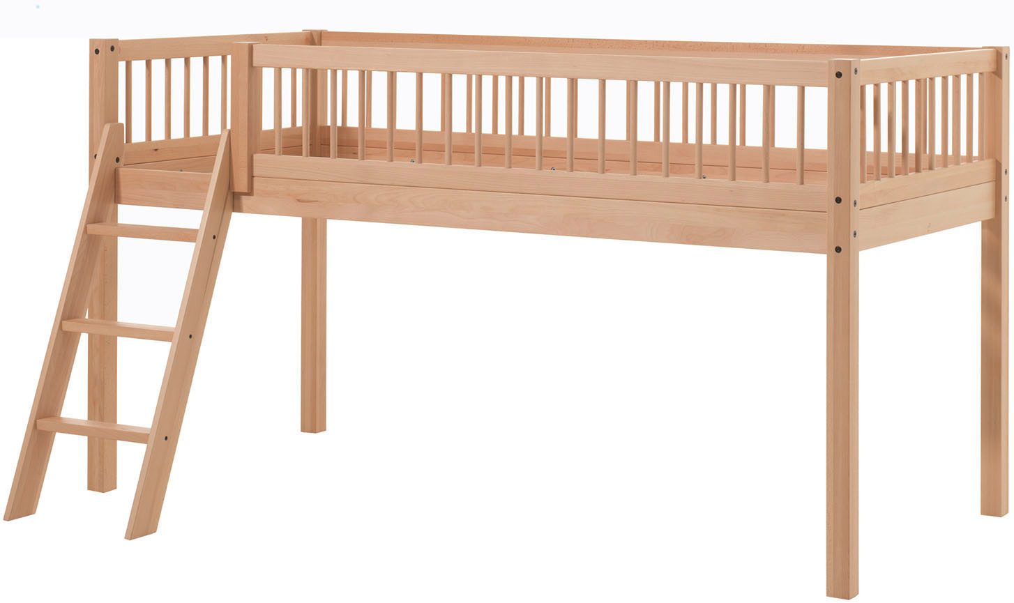 Vipack Spielbett Forrest halbhoch mit Leiter und Absturzschutz in Sprossen-Optik (Liegefläche 90/200cm inkl. Massivholz Rolllattenrost), ideal für das Kinderzimmer, Buche massiv natur lackiert