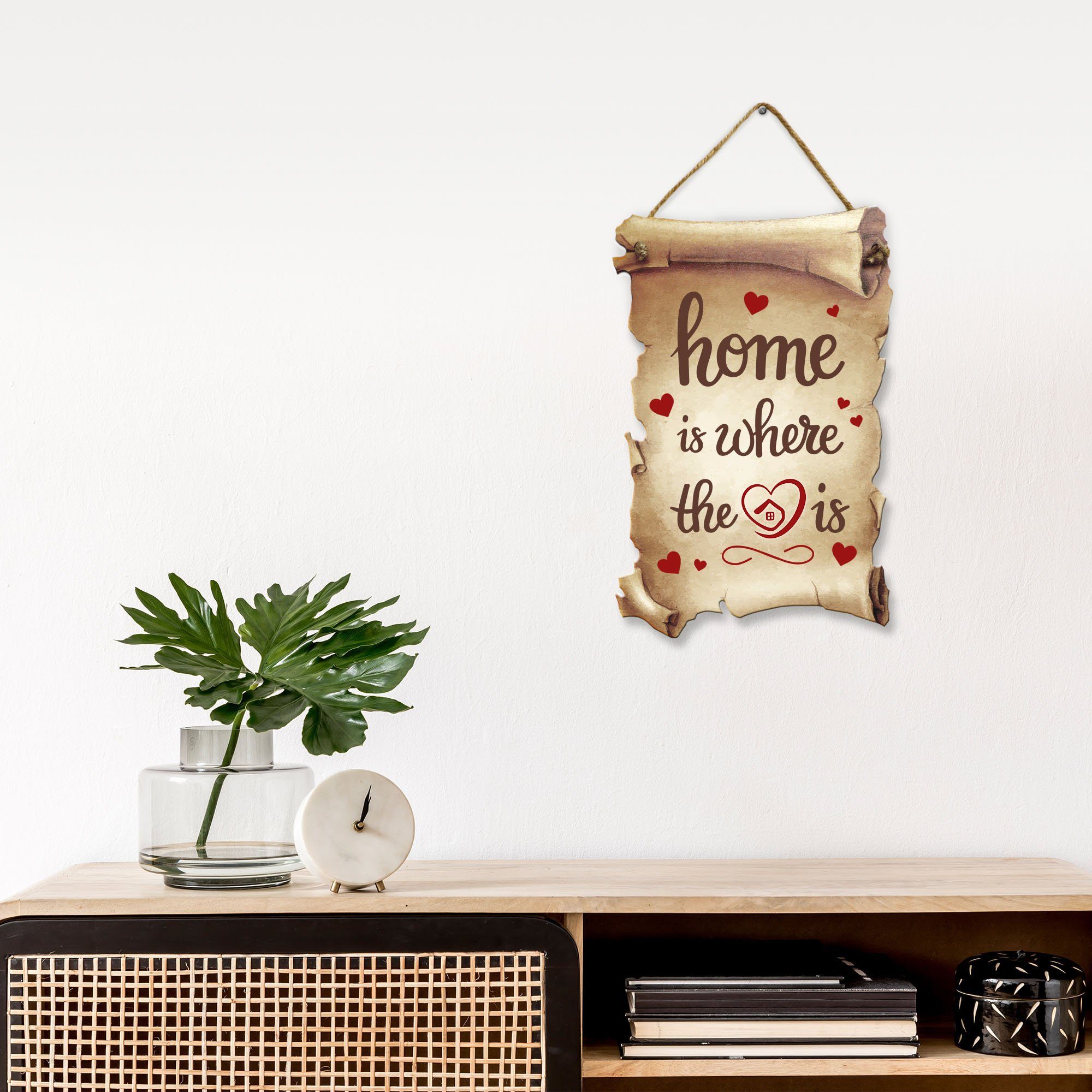 Motiv Familie Spruch, aus in „Home“ & Feder Schriftrollen-Optik, Freunde mit Holz Kreative ideales Geschenk & Wanddekoobjekt für Deko-Schild