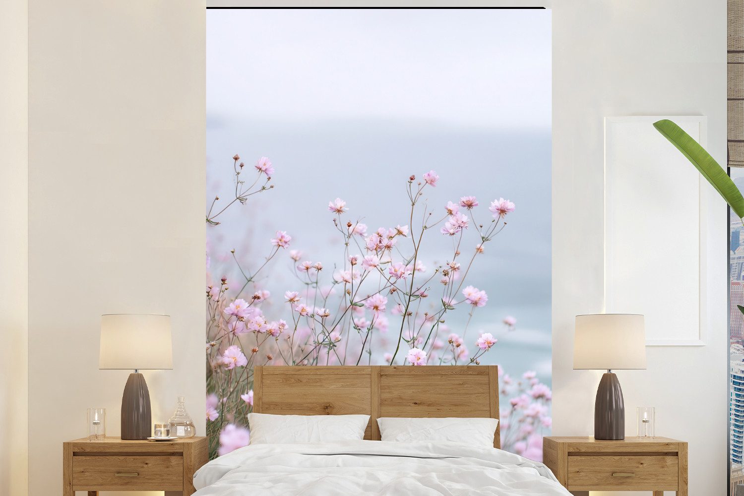 MuchoWow Fototapete Klippe - Blumen - Meer - Rosa, Matt, bedruckt, Montagefertig Vinyl Tapete, Wandtapete, 145x220 cm