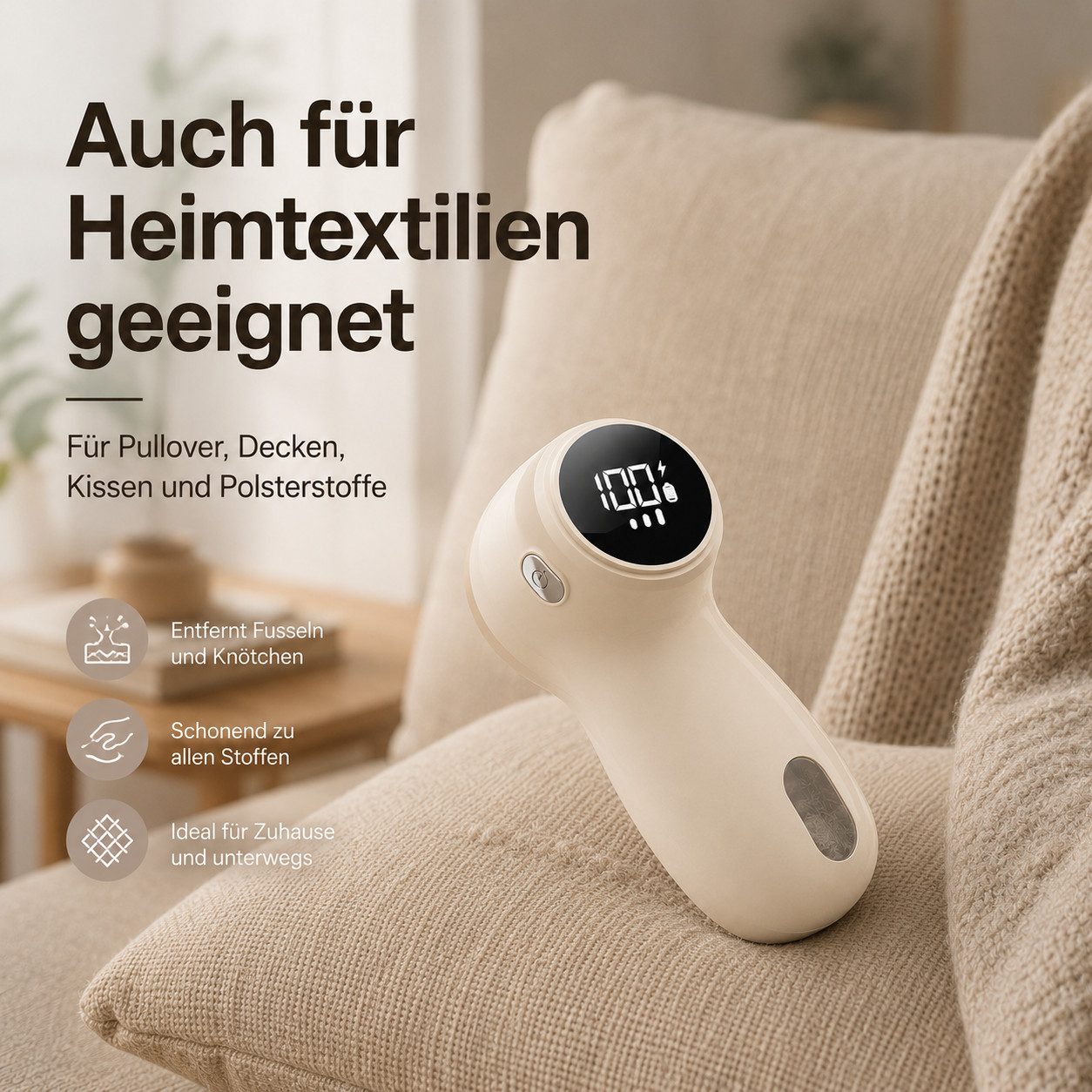 Tekoo Fusselrasierer Elektrischer Fusselrasierer zur Textilpflege mit USB-C Akku, Beige, 3 Geschwindigkeitsstufen