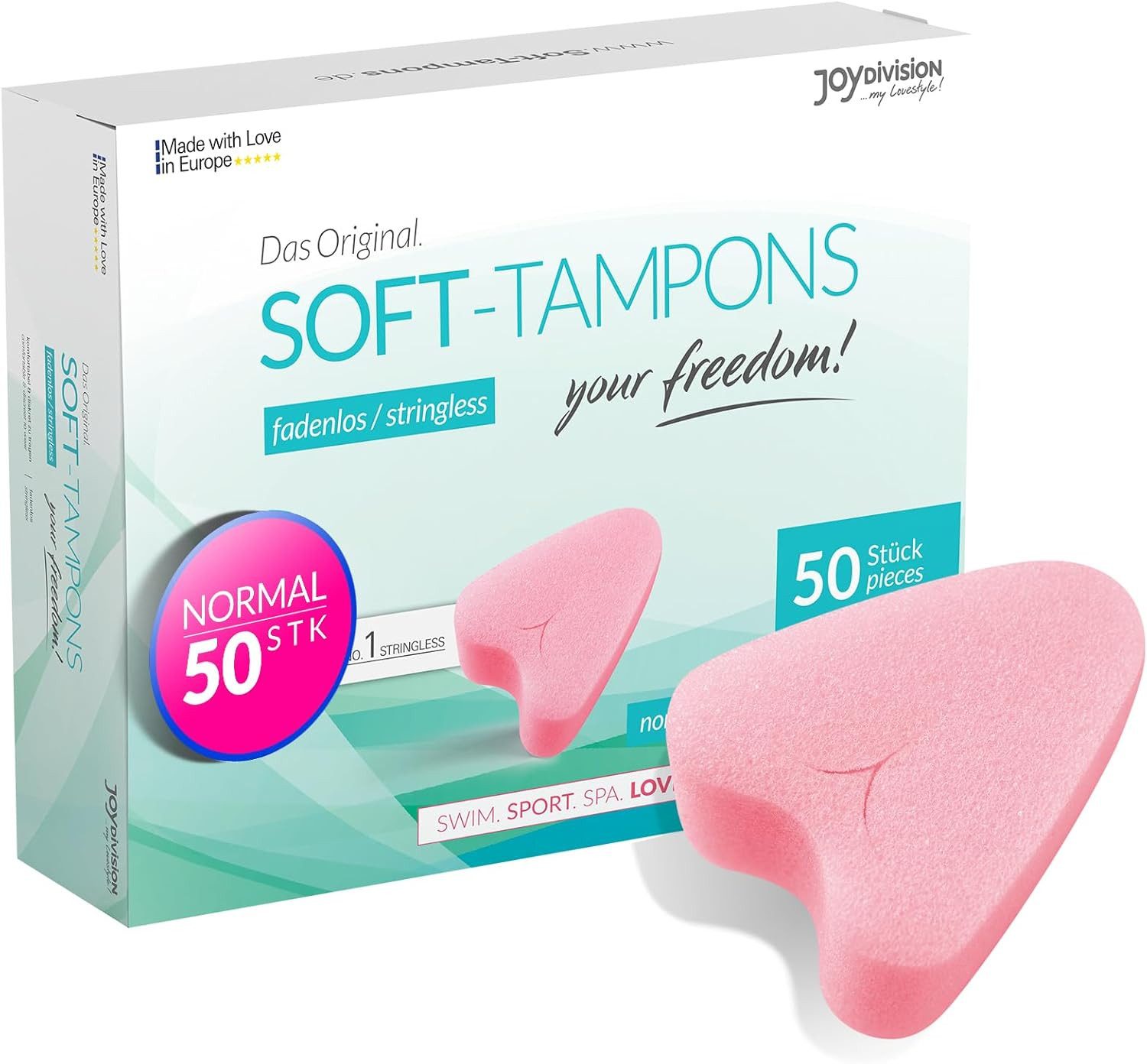JOYDIVISION Tampons das Original, Soft Tampons, Fadenlose Freiheit, Normal Gr., 50-St., ohne Rückholfaden für Alltag, Sport und Spa
