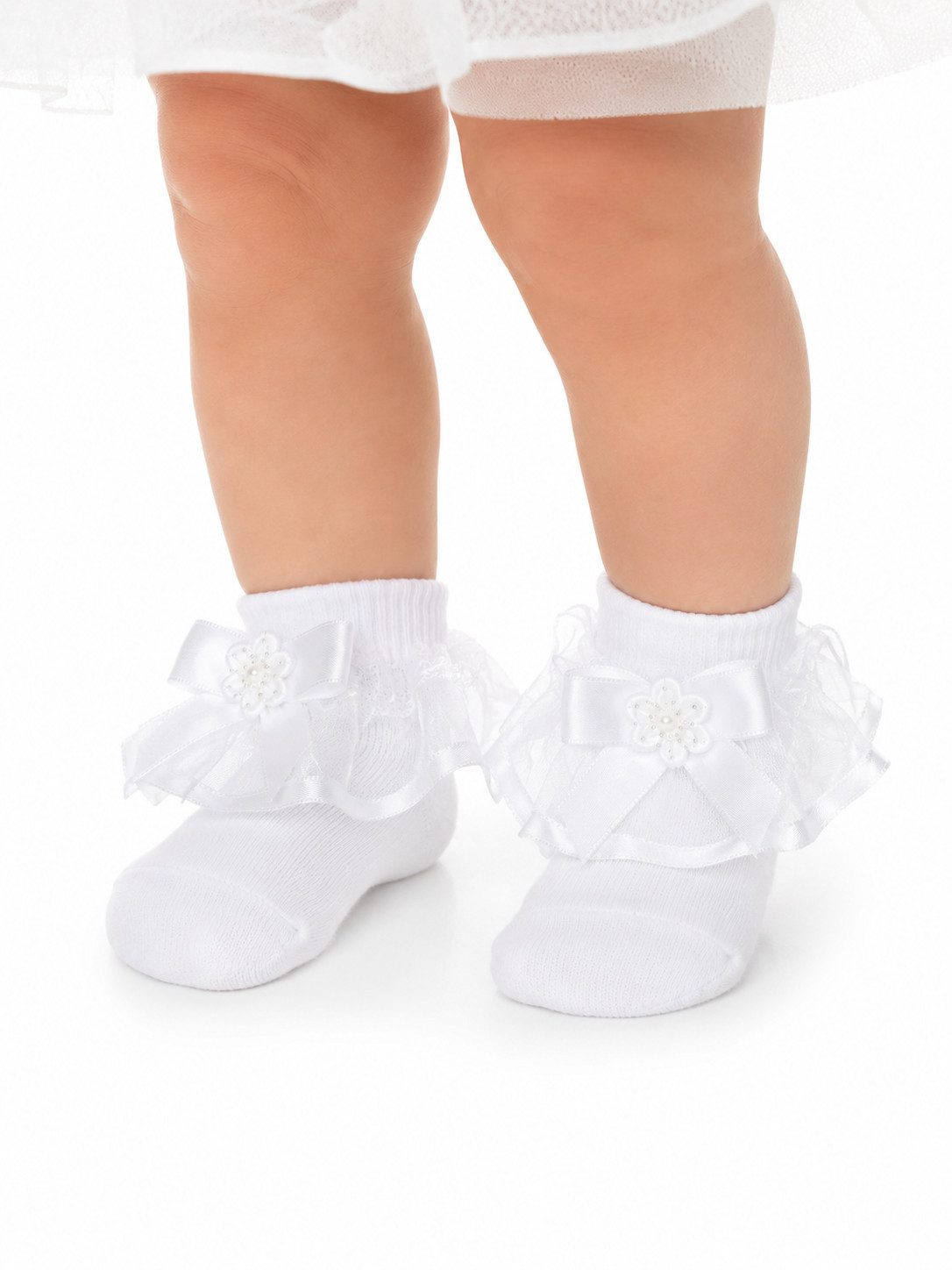 La Bortini Stirnband Baby Set Socken mit Rüschen und Kopfband in Weiß mit Schleifen festlich, Mädchen frilly Strümpfe mit Kopfschmuck, 15 bis 27