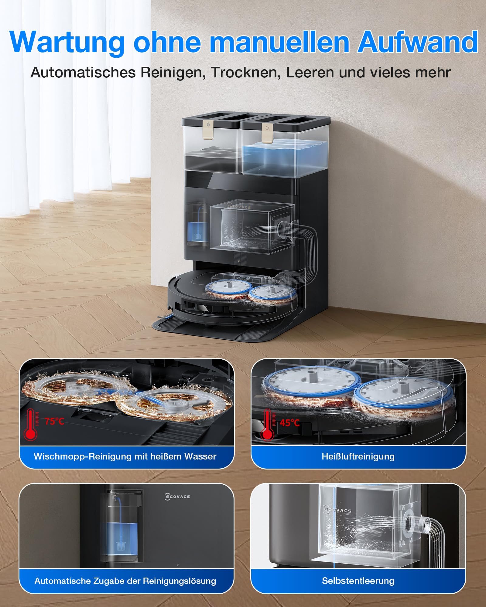 ECOVACS Saugroboter DEEBOT T50 Pro Omni Gen3, (Upgrade von T50 Pro Gen2/T50 Gen3)25000 Pa, Reinigung des Mopps bei 75°C, Heißlufttrocknung, 81 mm, AIVI 3D 3.0, autom. Zugabe v. Reinigungslösung
