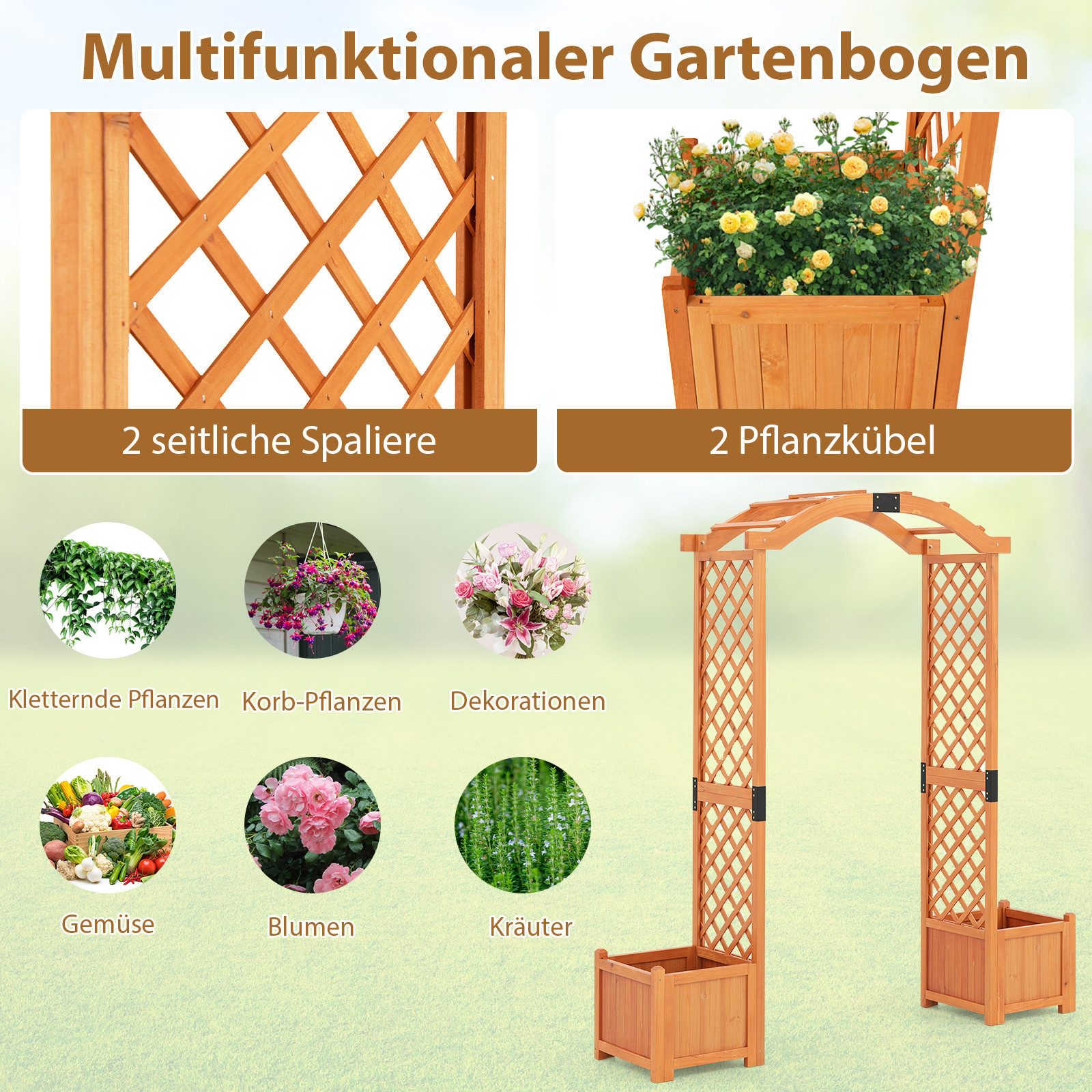 COSTWAY Rosenbogen, 1 St., Gartenbogen, mit Blumenkasten, für Kletterpflanzen, 201cm hoch