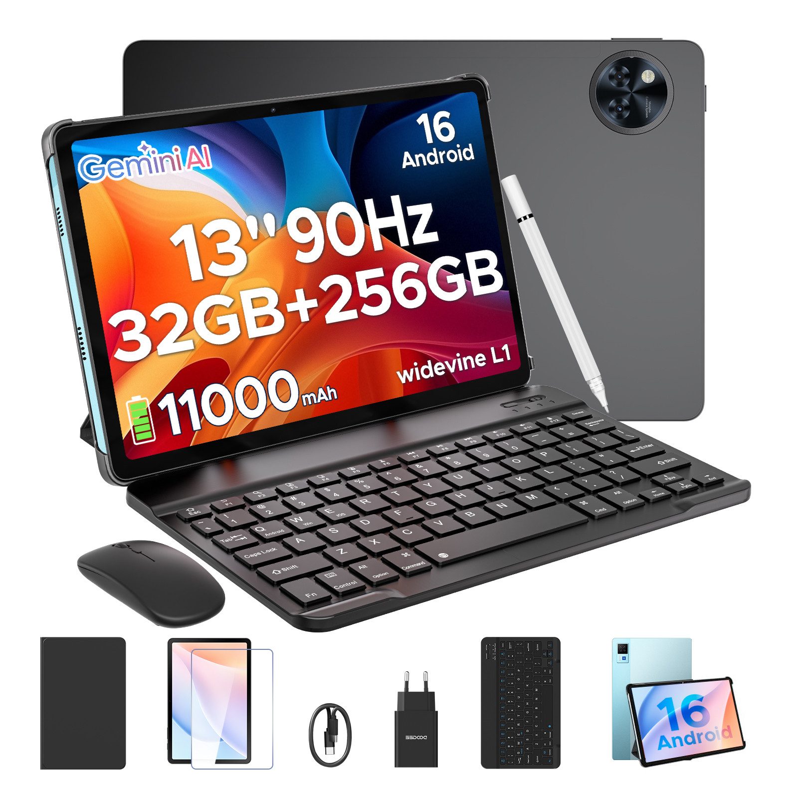 DOOGEE U13 Android 16 Tablet mit tastatur, 13 Zoll, 6+256GB, 11000mAh, gaming Tablet (13", Android 16, 90Hz, 13MP+8MP, 7,8mm dünn, WiFi5, GPS, Tastatur+Stift+Maus+Hülle Set)