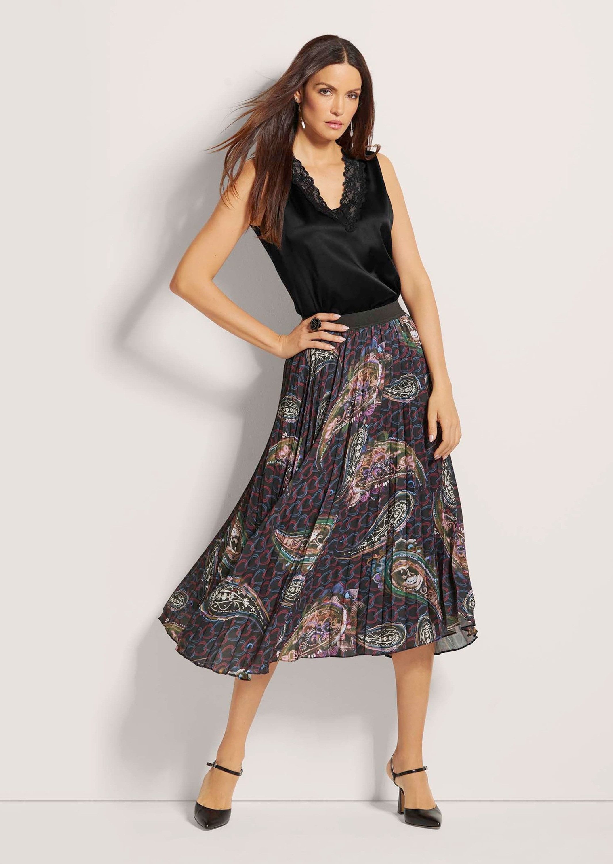 MADELEINE Maxirock Eleganter Midirock mit Paisley-Design Faltenrock mit elastischem Bund und Wadenlang